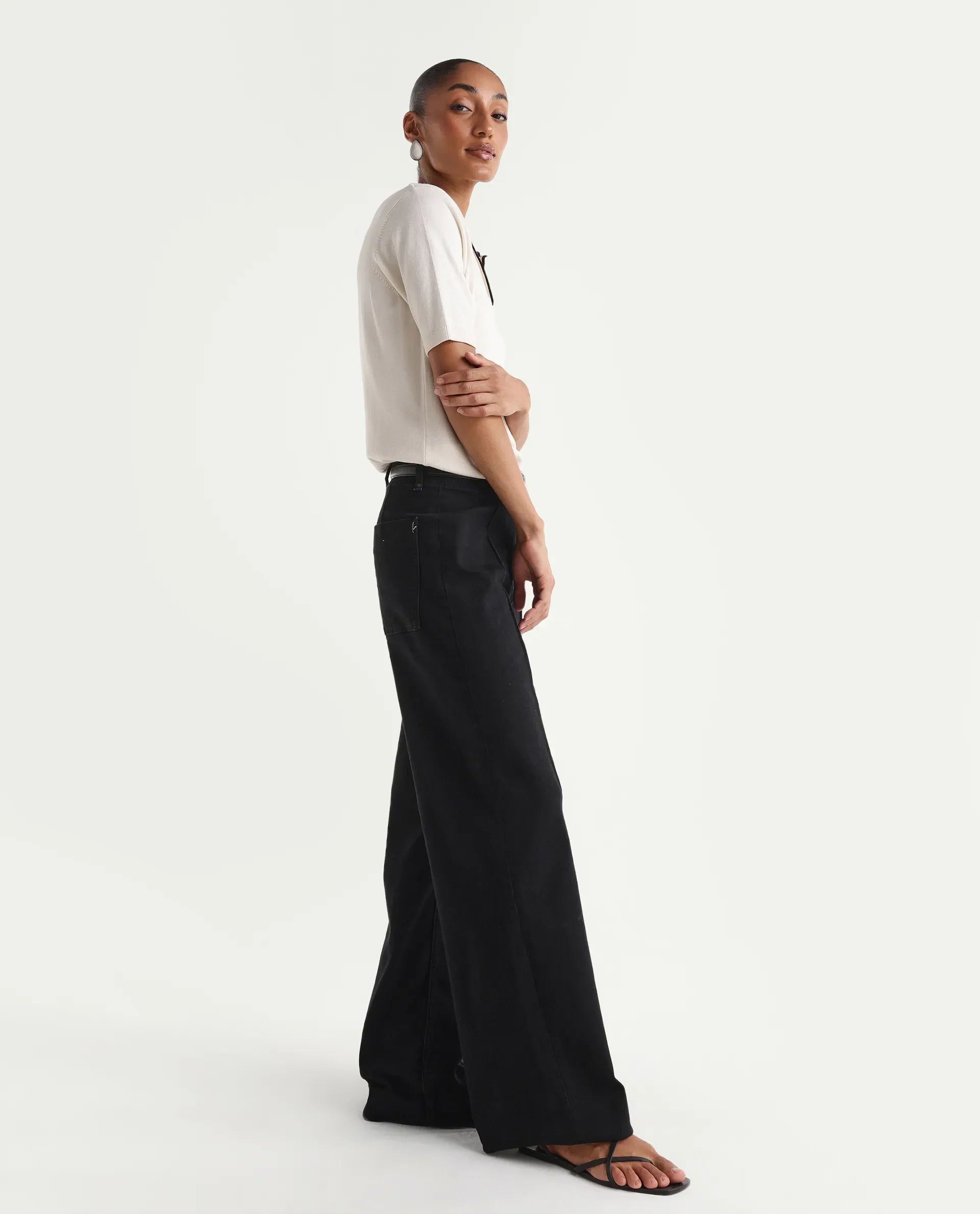 Rareism Women's Exia Black Cotton Blend Wide Leg Plain Jeans