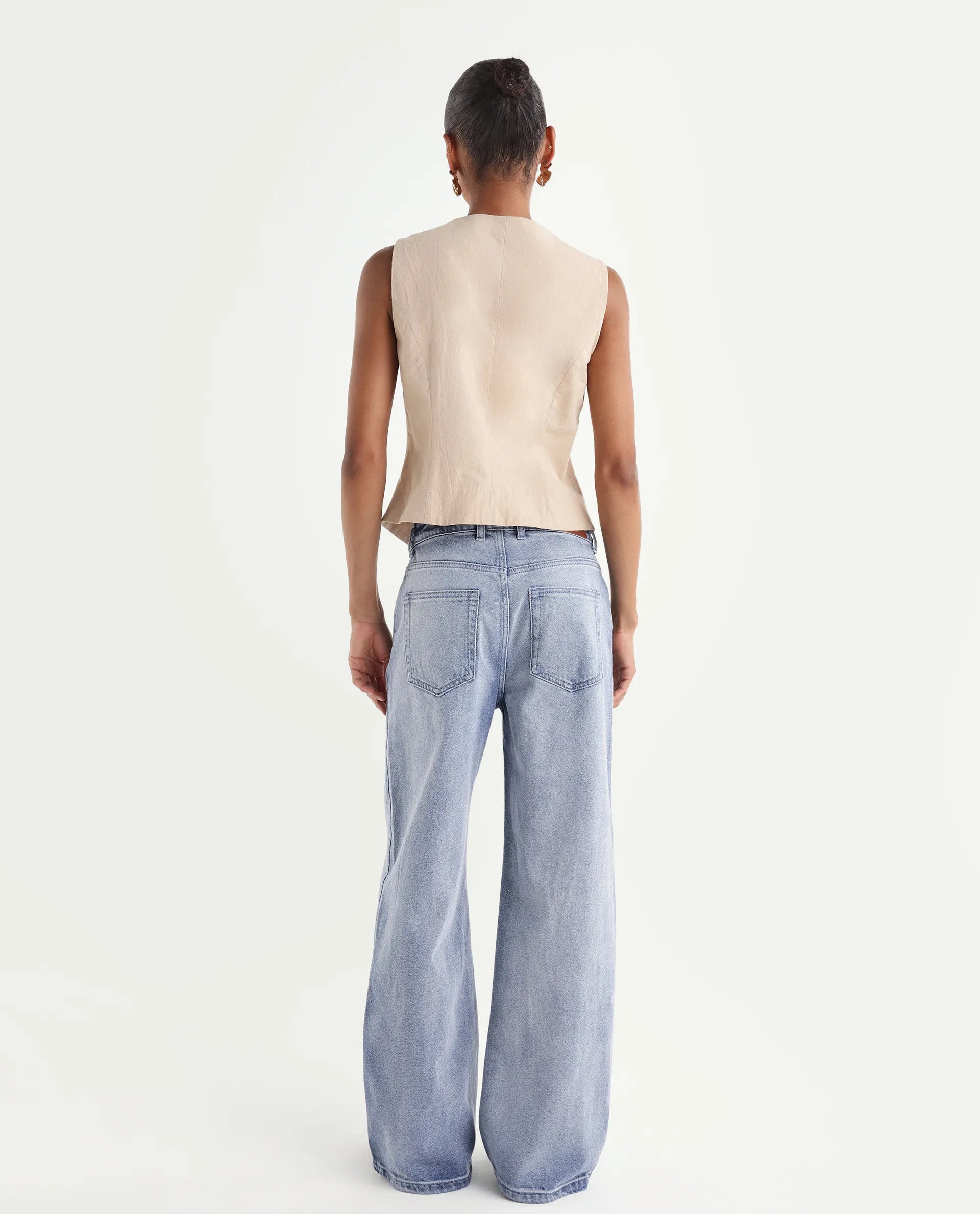 Rareism Women's Ribane Light Blue Cotton Wide Leg Plain Jeans