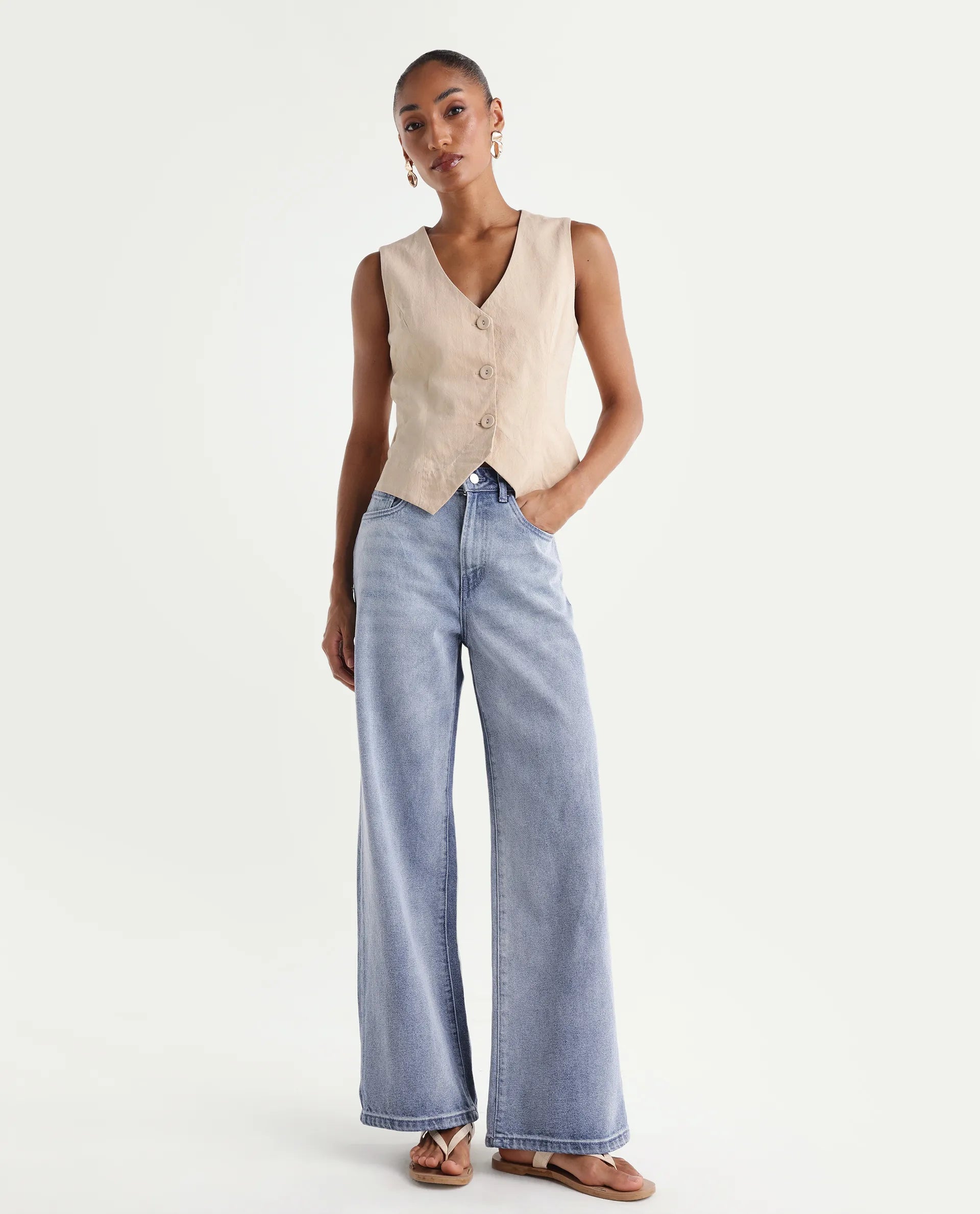 Rareism Women's Ribane Light Blue Cotton Wide Leg Plain Jeans