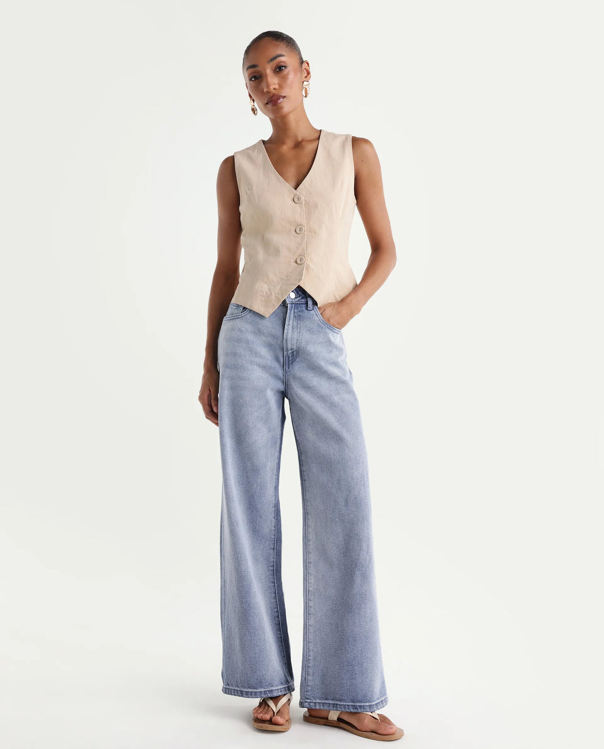 Rareism Women's Ribane Light Blue Cotton Wide Leg Plain Jeans