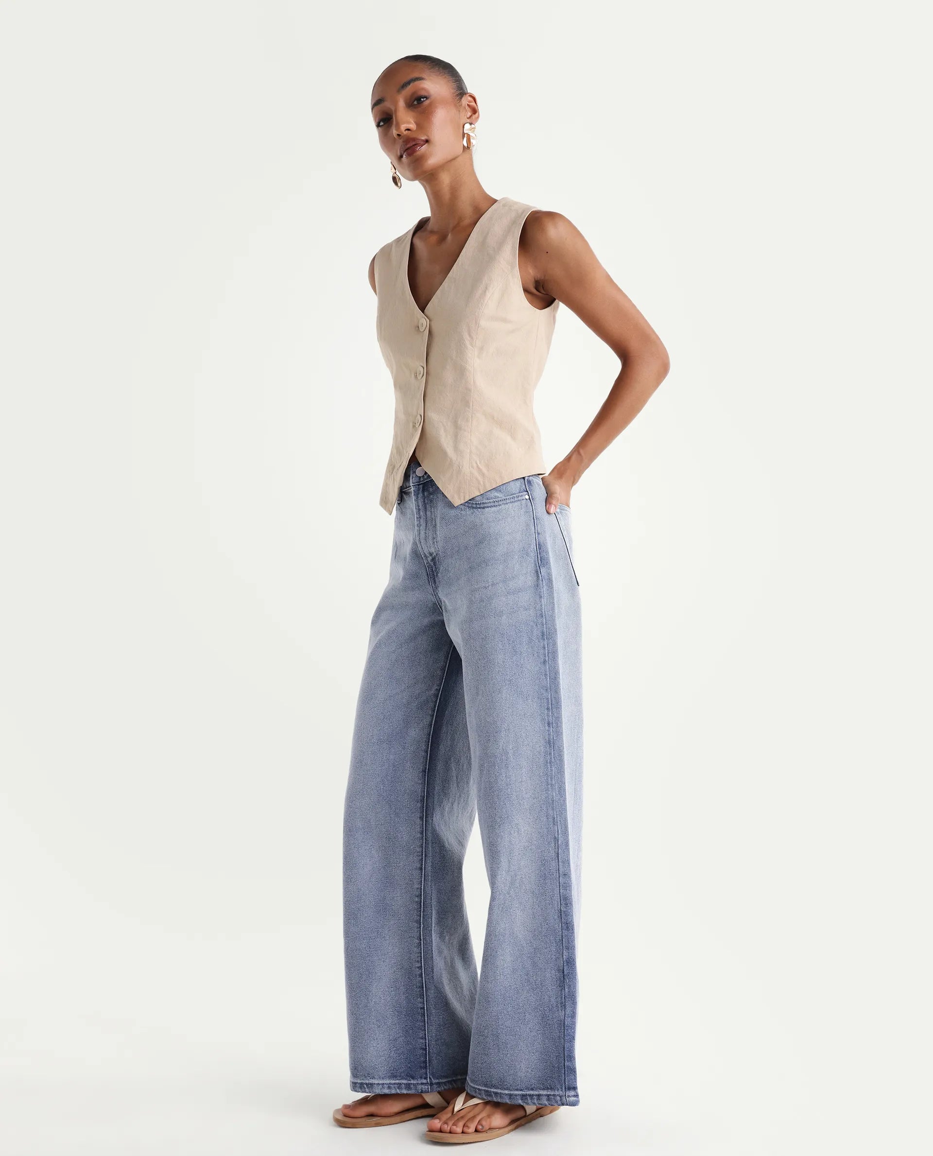 Rareism Women's Ribane Light Blue Cotton Wide Leg Plain Jeans