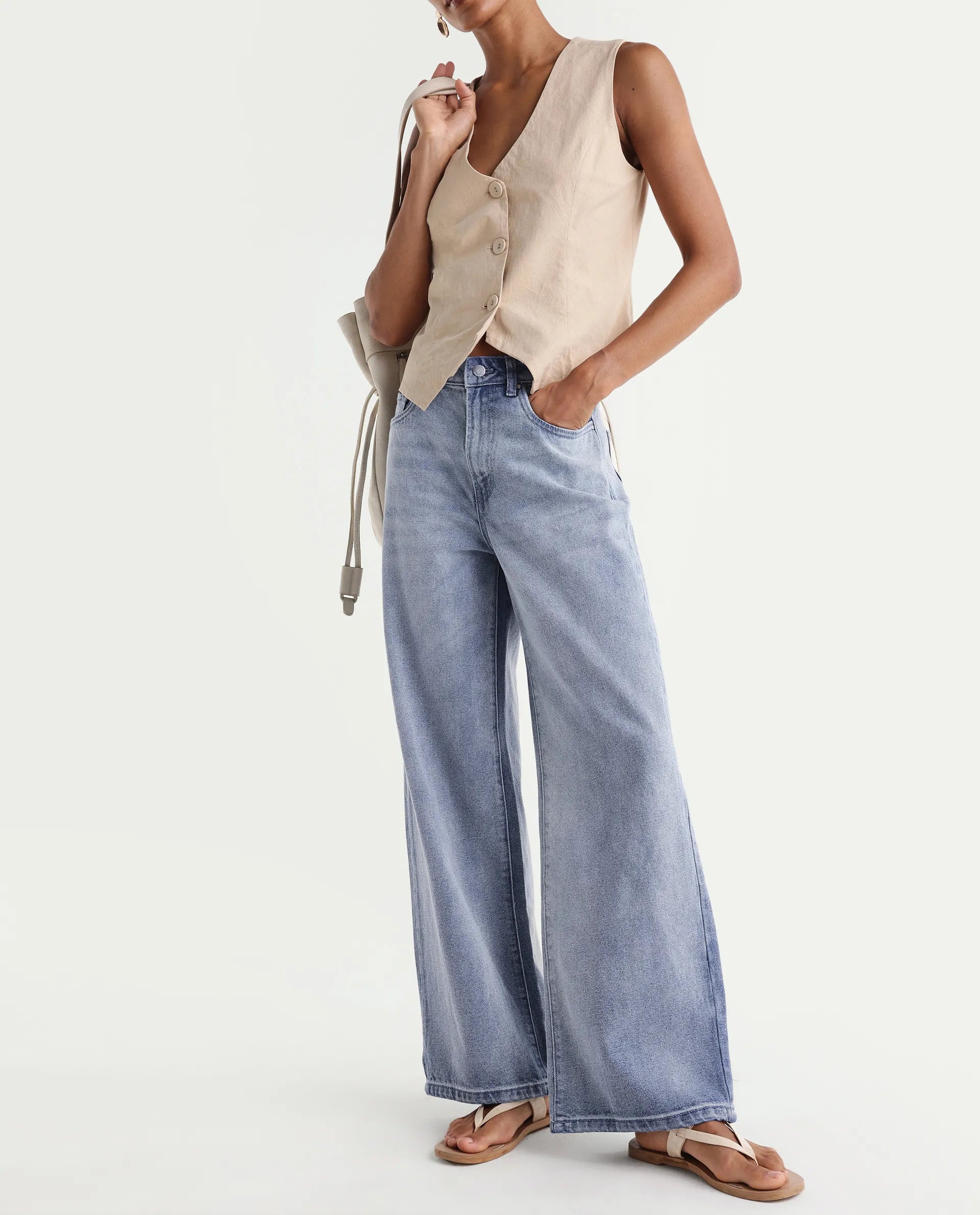 Rareism Women's Ribane Light Blue Cotton Wide Leg Plain Jeans