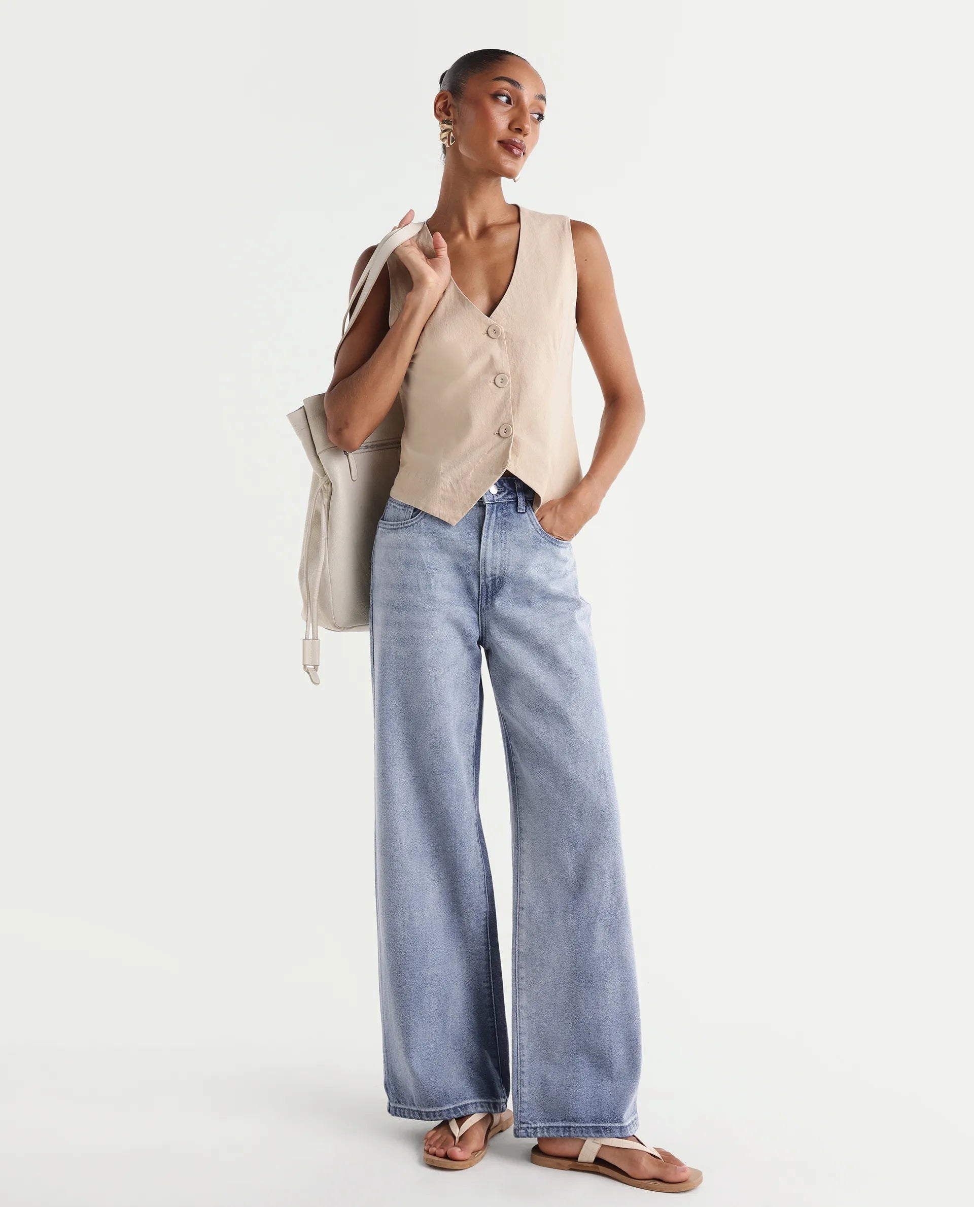 Rareism Women's Ribane Light Blue Cotton Wide Leg Plain Jeans