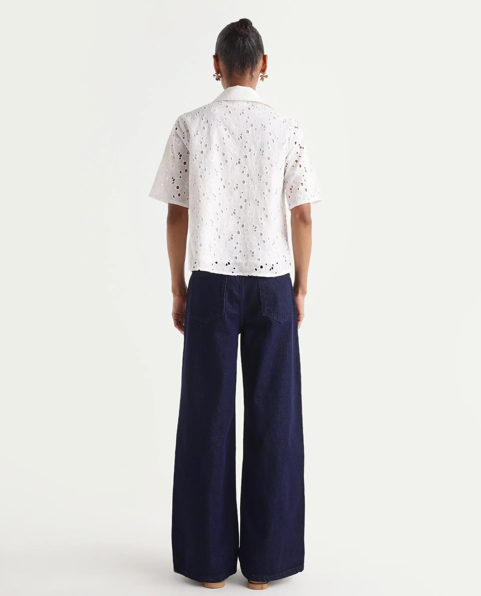 Rareism Women's Ribar Navy Cotton Wide Leg Plain Jeans