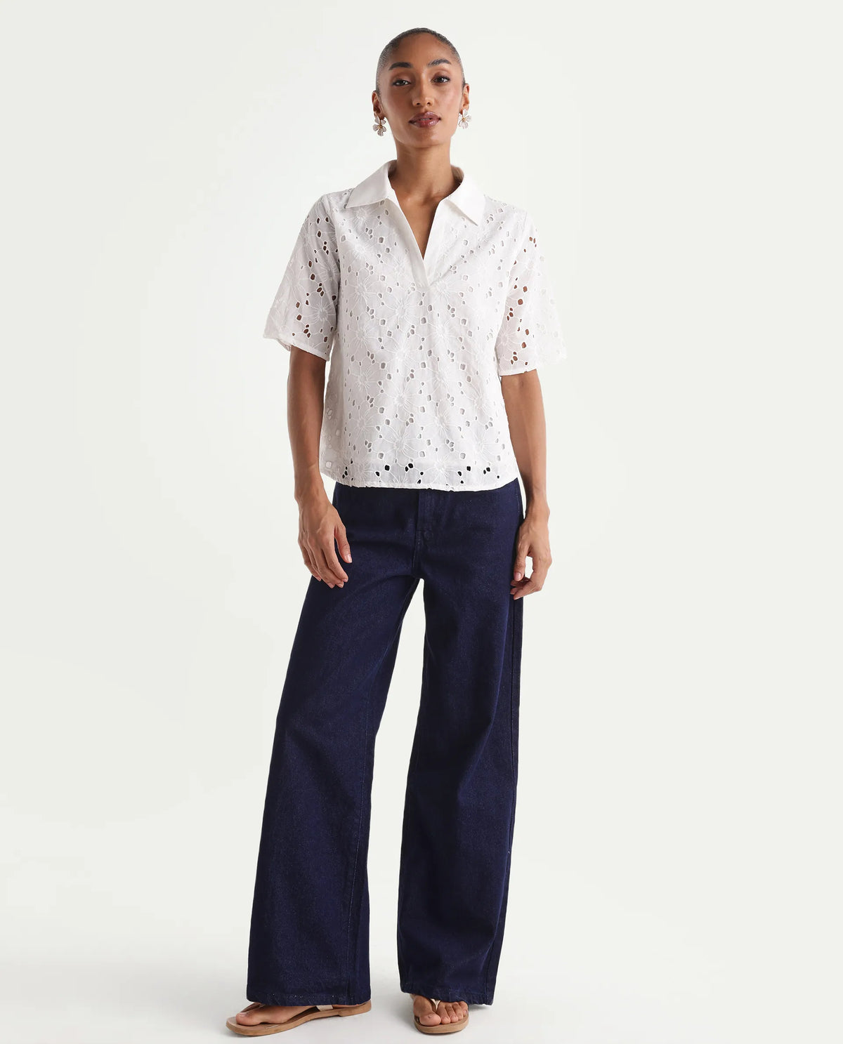 Rareism Women's Ribar Navy Cotton Wide Leg Plain Jeans