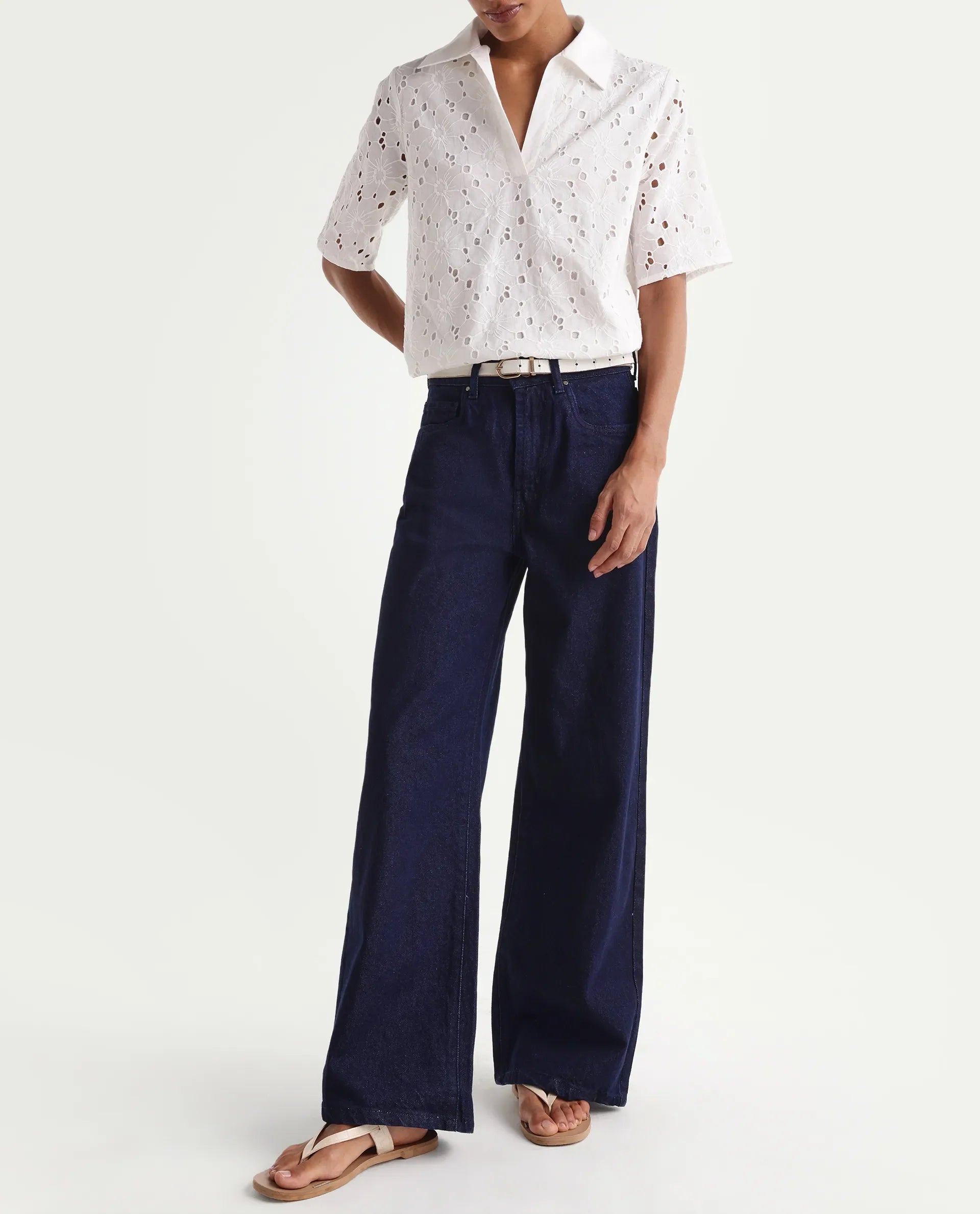 Rareism Women's Ribar Navy Cotton Wide Leg Plain Jeans