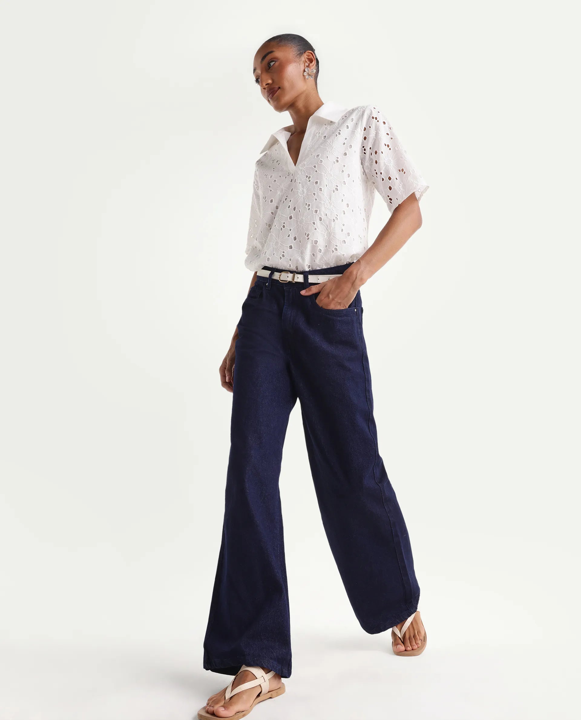 Rareism Women's Ribar Navy Cotton Wide Leg Plain Jeans