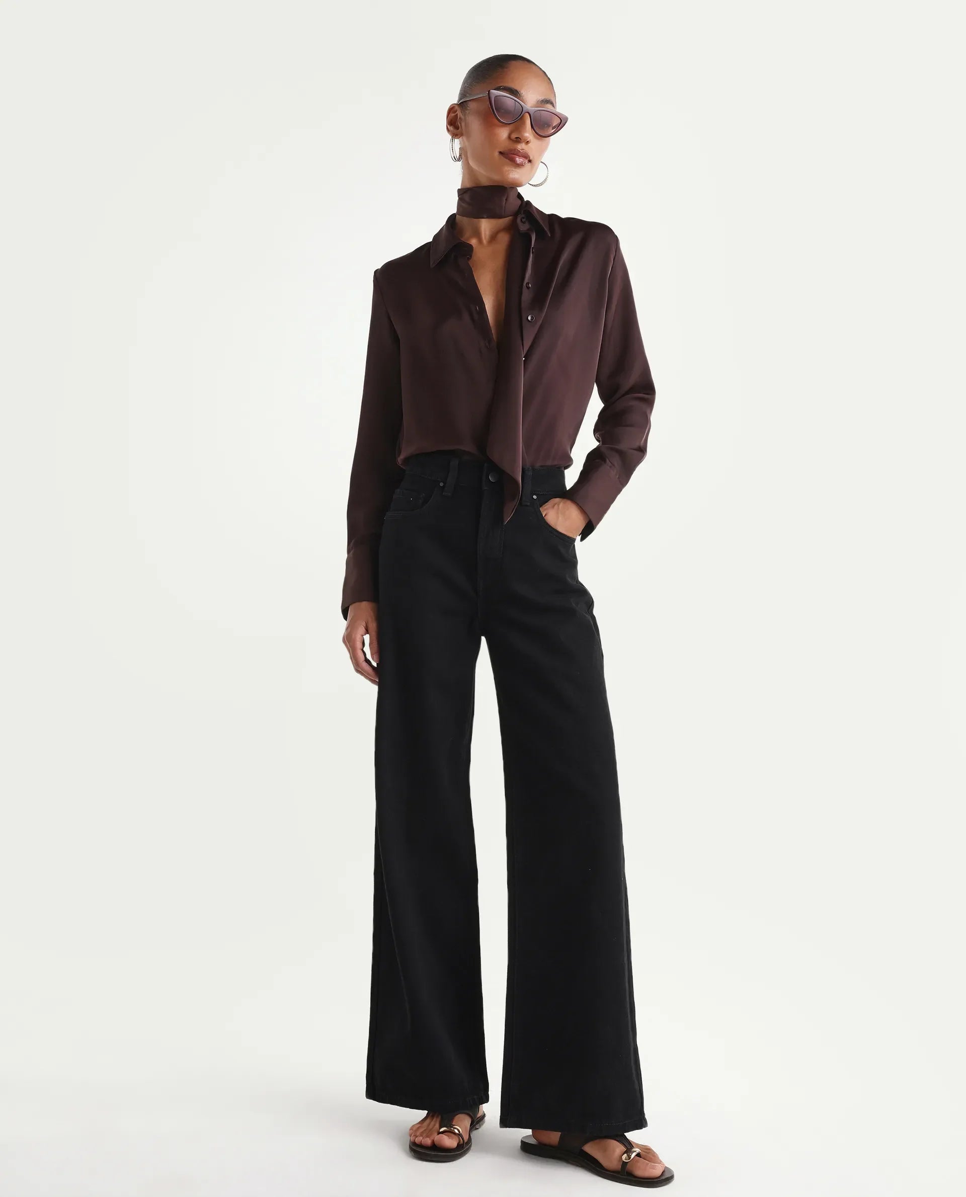 Rareism Women's Ribexa Black Cotton Wide Leg Plain Jeans