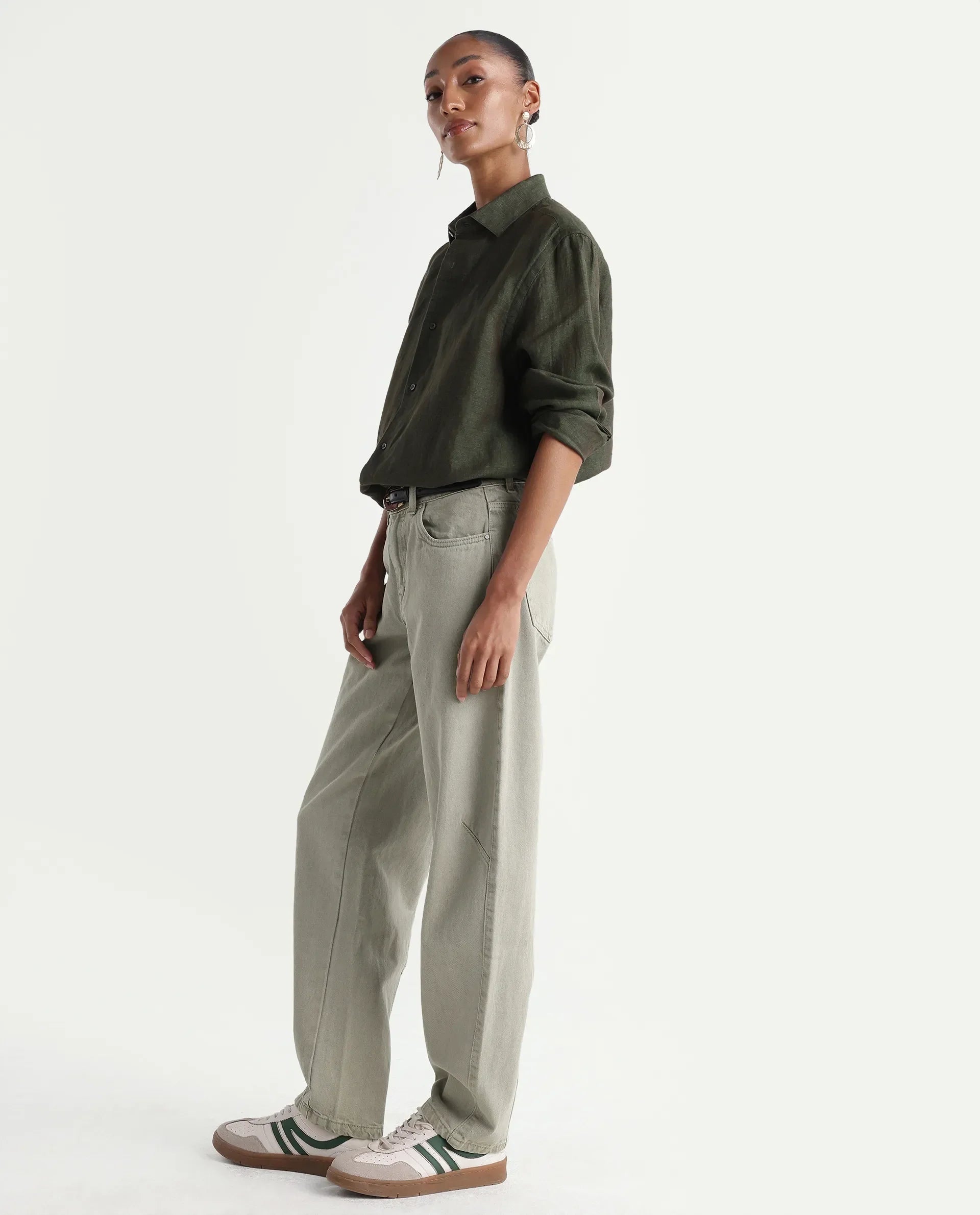 Rareism Women's Talbo Olive Cotton Plain Tall Barrel Fit Jeans