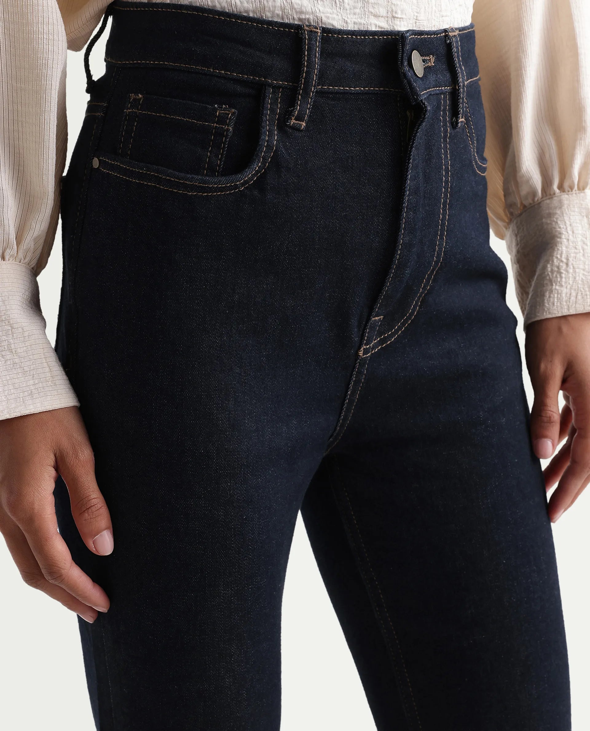 Rareism Women's Benon Dark Navy Cotton Blend Bootcut Plain Jeans