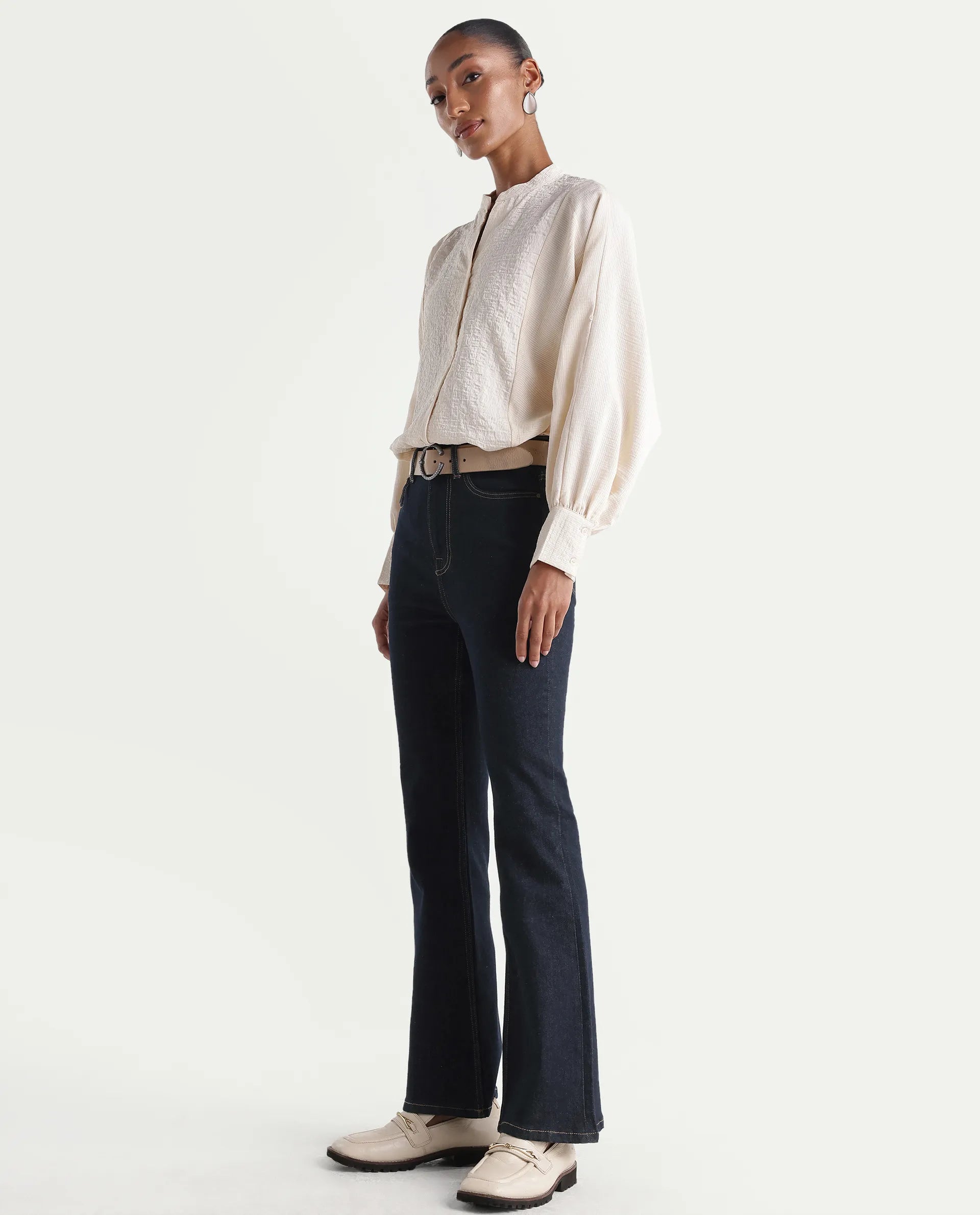 Rareism Women's Benon Dark Navy Cotton Blend Bootcut Plain Jeans