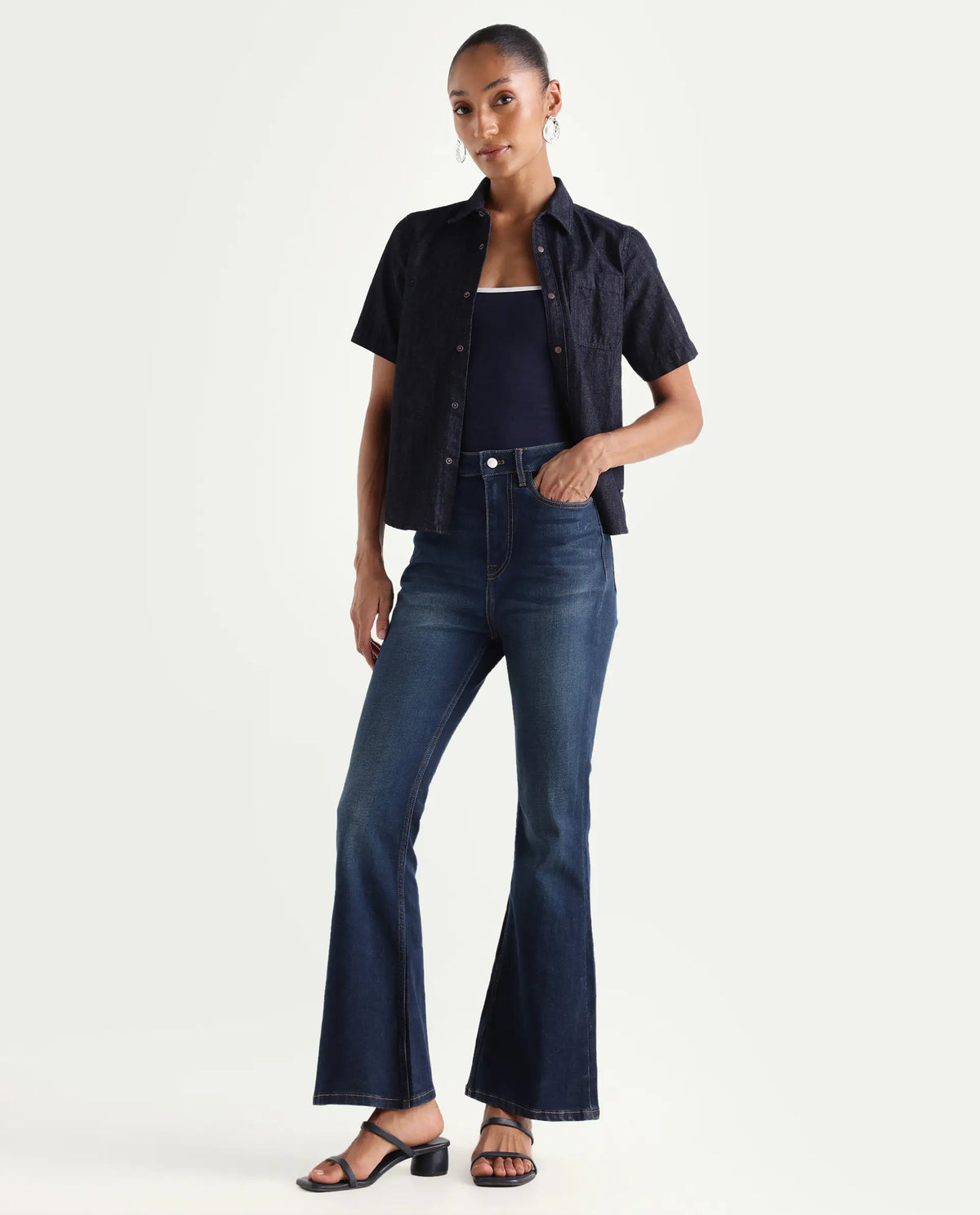 Rareism Women's Benod Dark Blue Cotton Blend Bootcut Plain Jeans