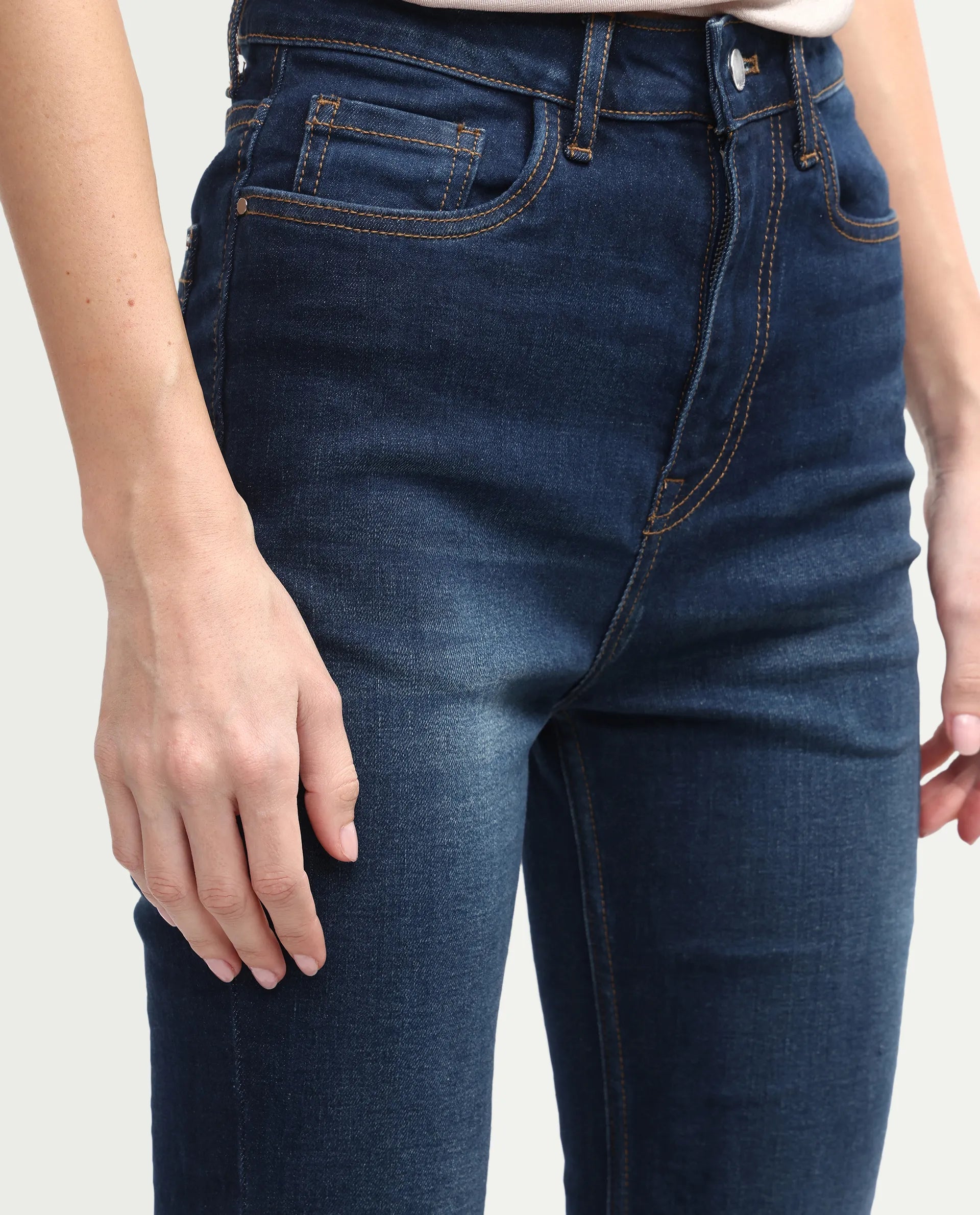 Rareism Women's Benod Dark Blue Cotton Blend Bootcut Plain Jeans