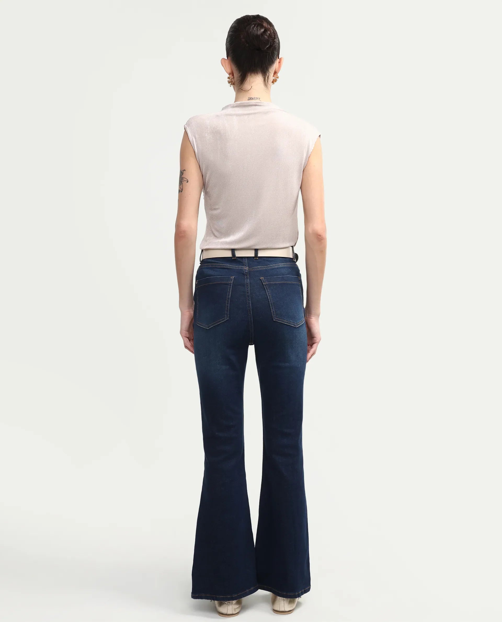 Rareism Women's Benod Dark Blue Cotton Blend Bootcut Plain Jeans