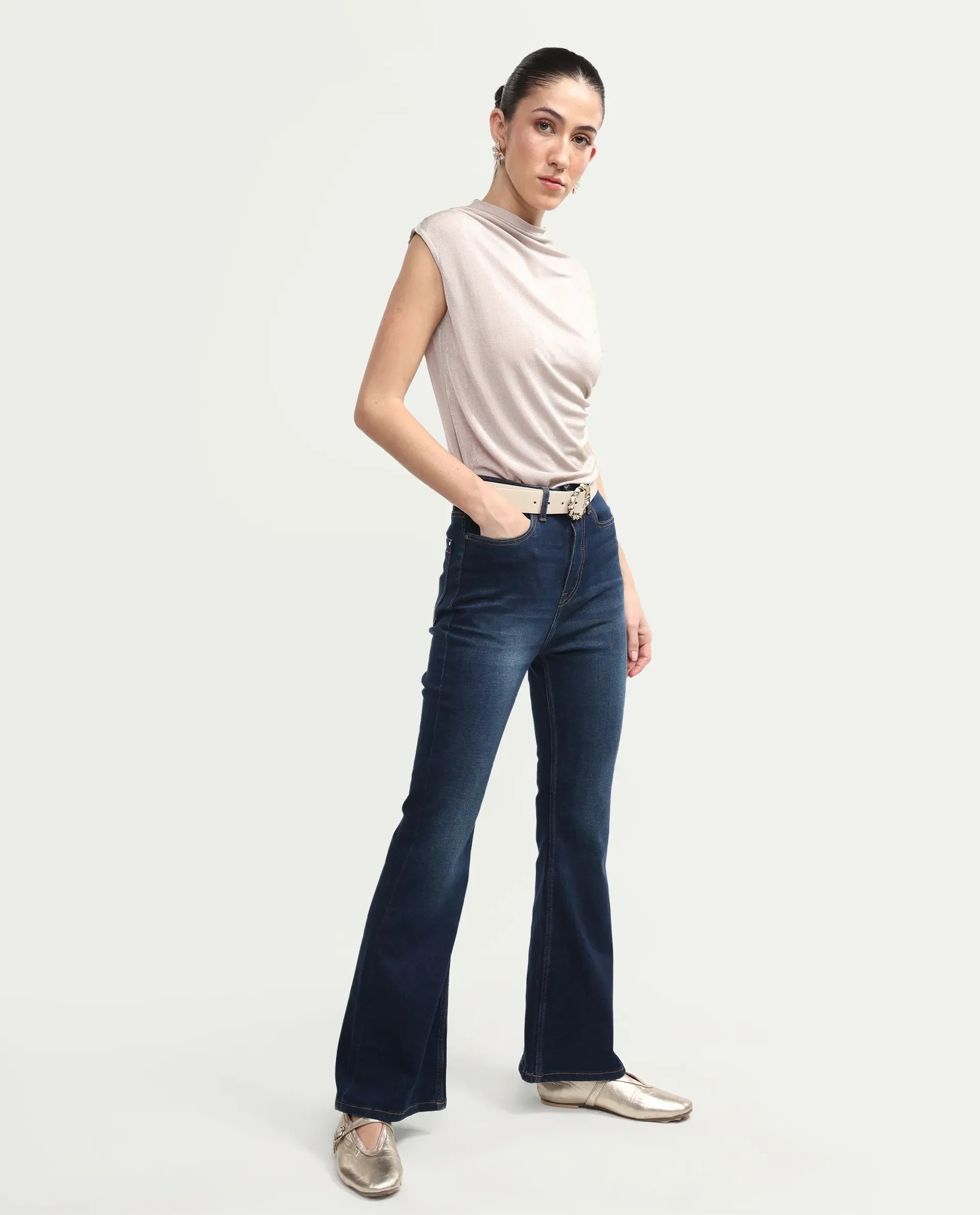 Rareism Women's Benod Dark Blue Cotton Blend Bootcut Plain Jeans