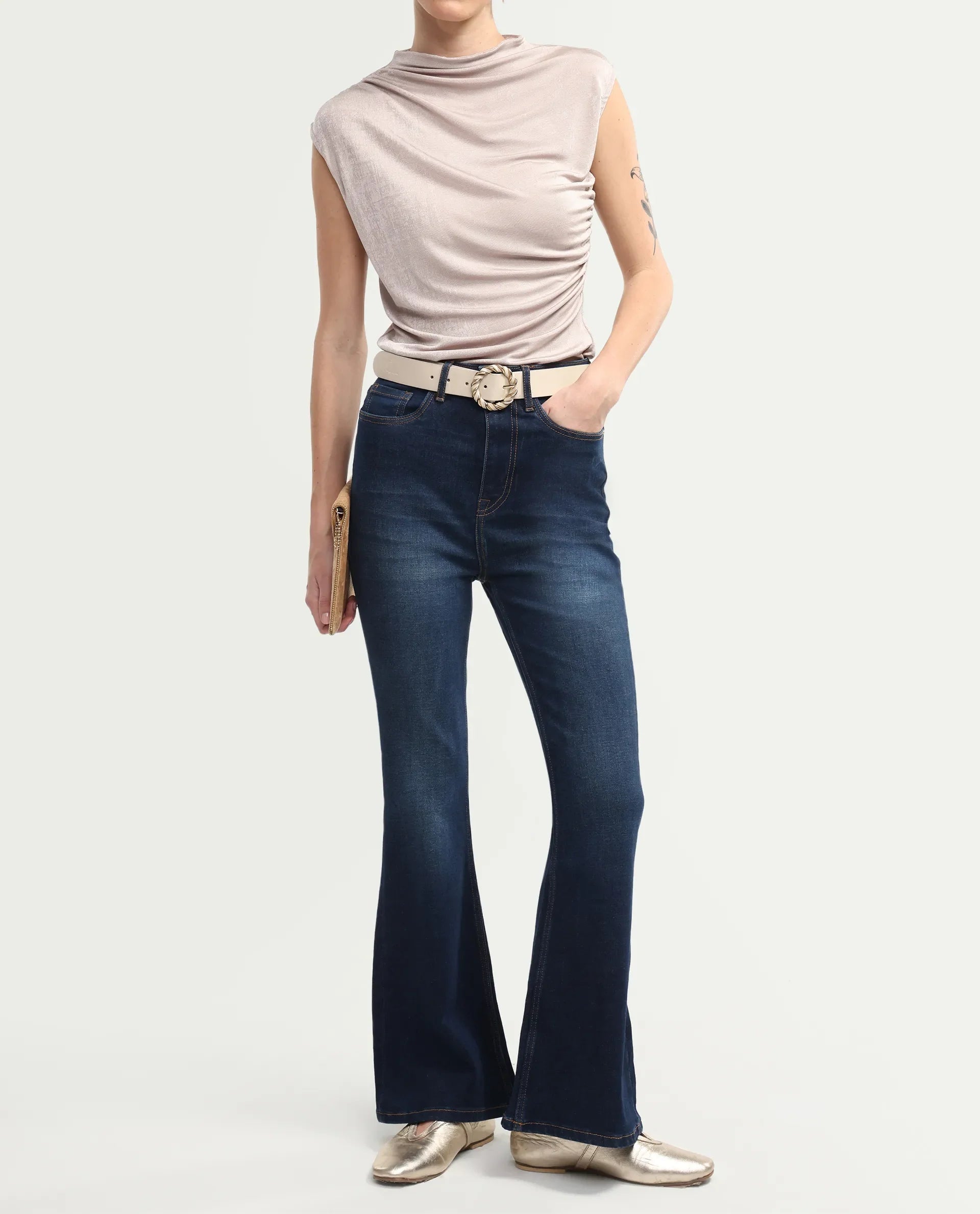 Rareism Women's Benod Dark Blue Cotton Blend Bootcut Plain Jeans