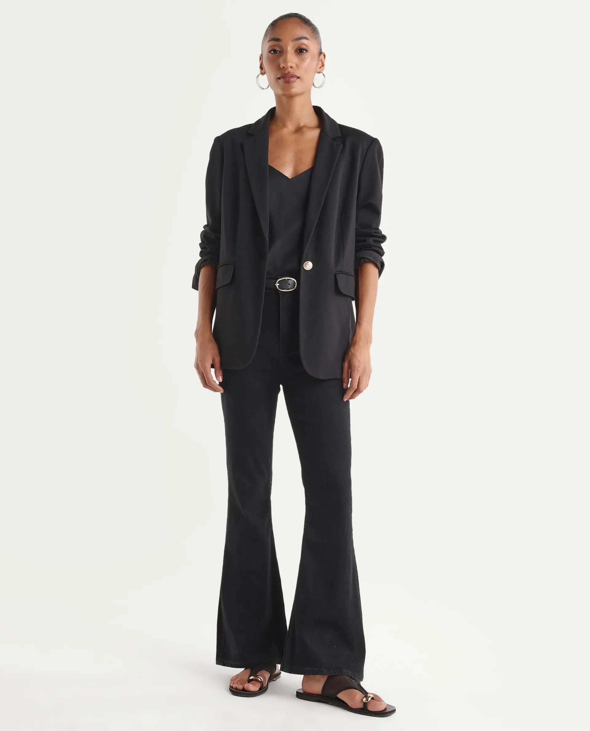 Rareism Women's Benob Black Cotton Blend Bootcut Plain Jeans