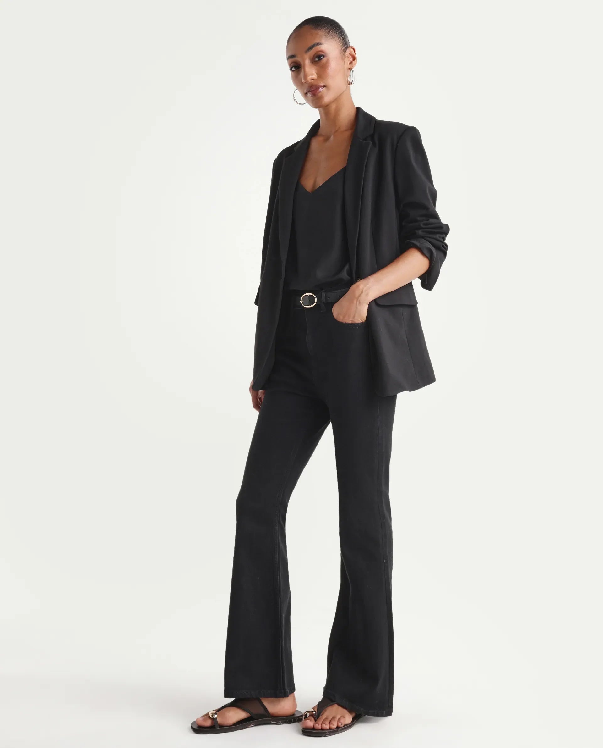 Rareism Women's Benob Black Cotton Blend Bootcut Plain Jeans