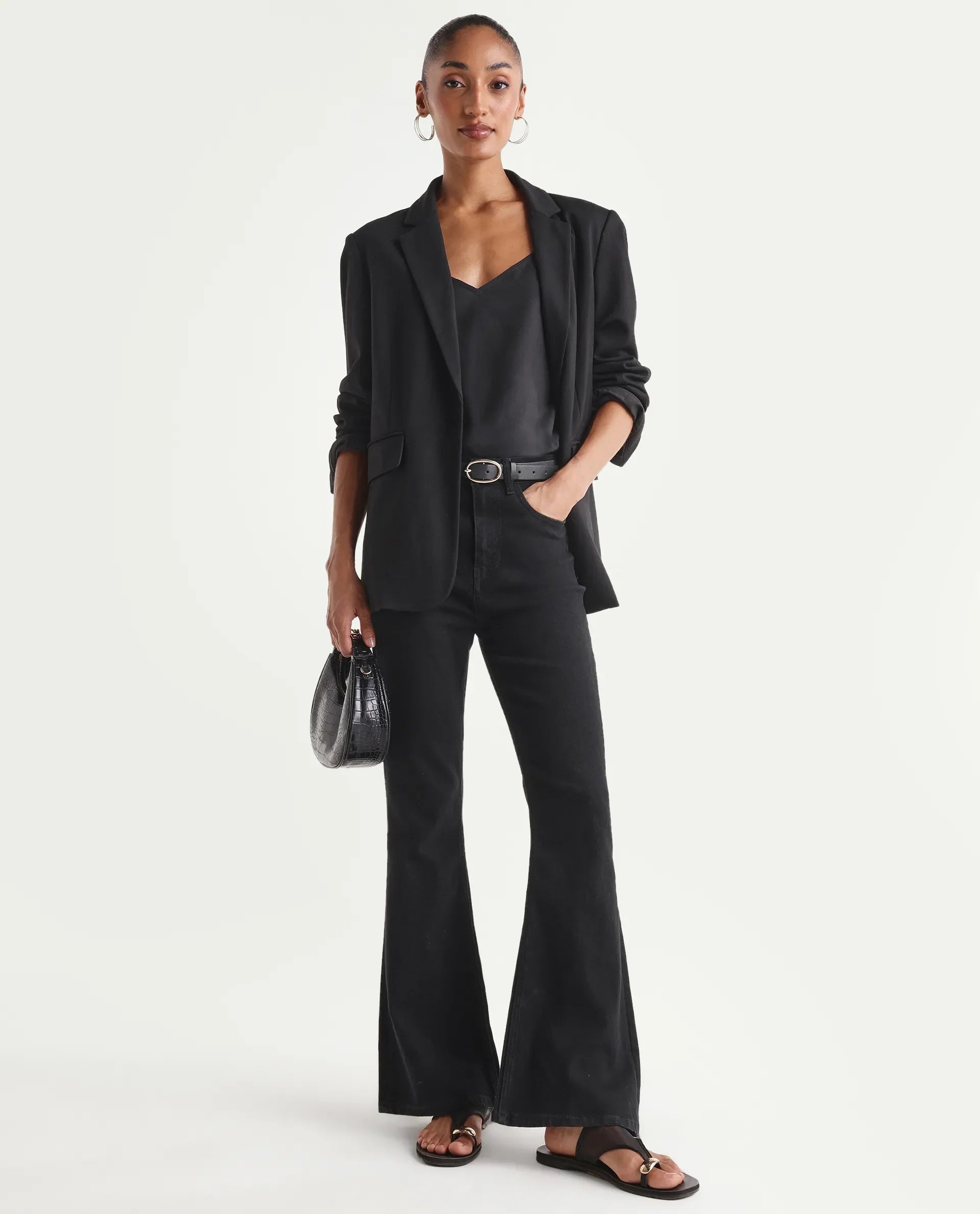 Rareism Women's Benob Black Cotton Blend Bootcut Plain Jeans