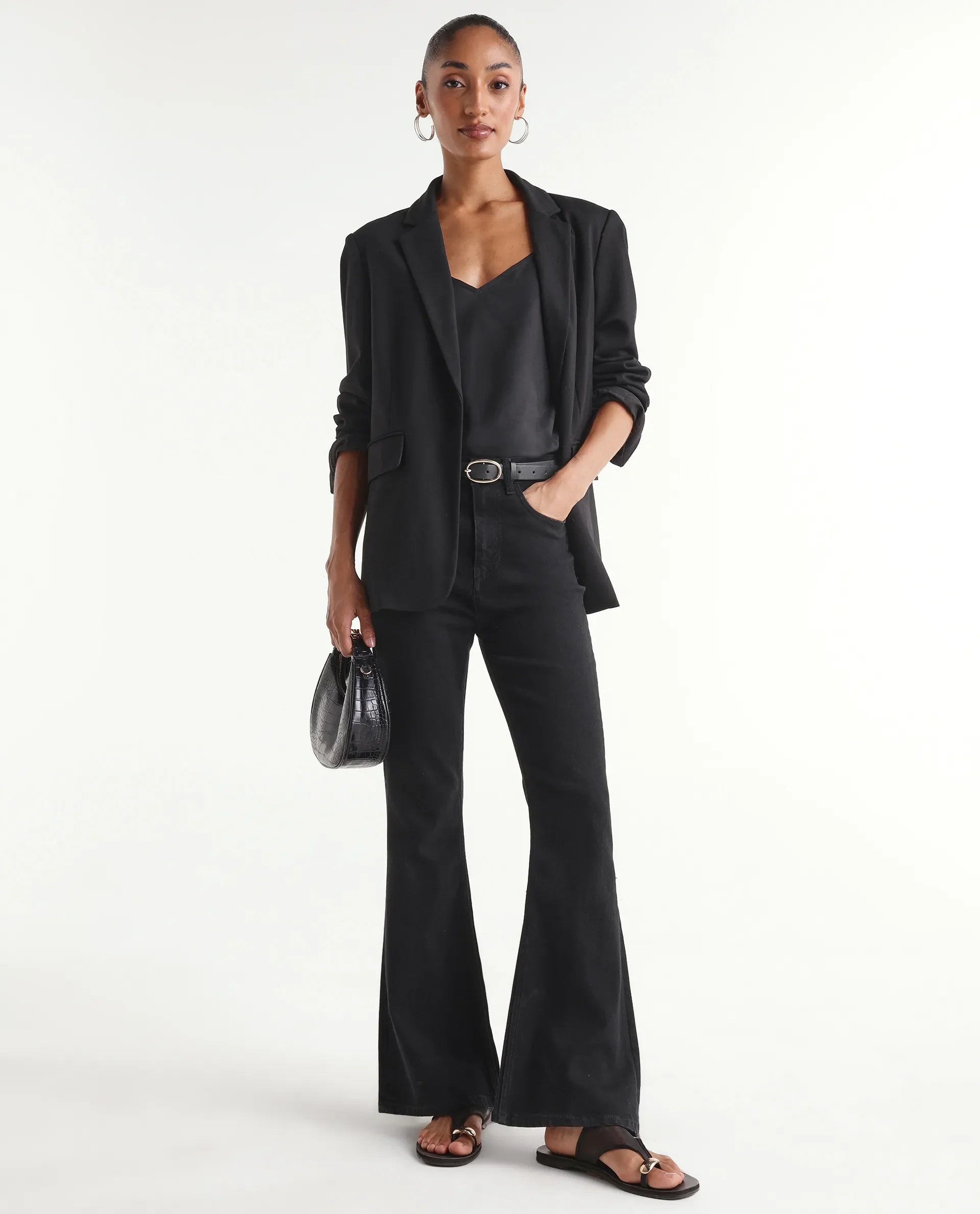 Rareism Women's Benob Black Cotton Blend Bootcut Plain Jeans