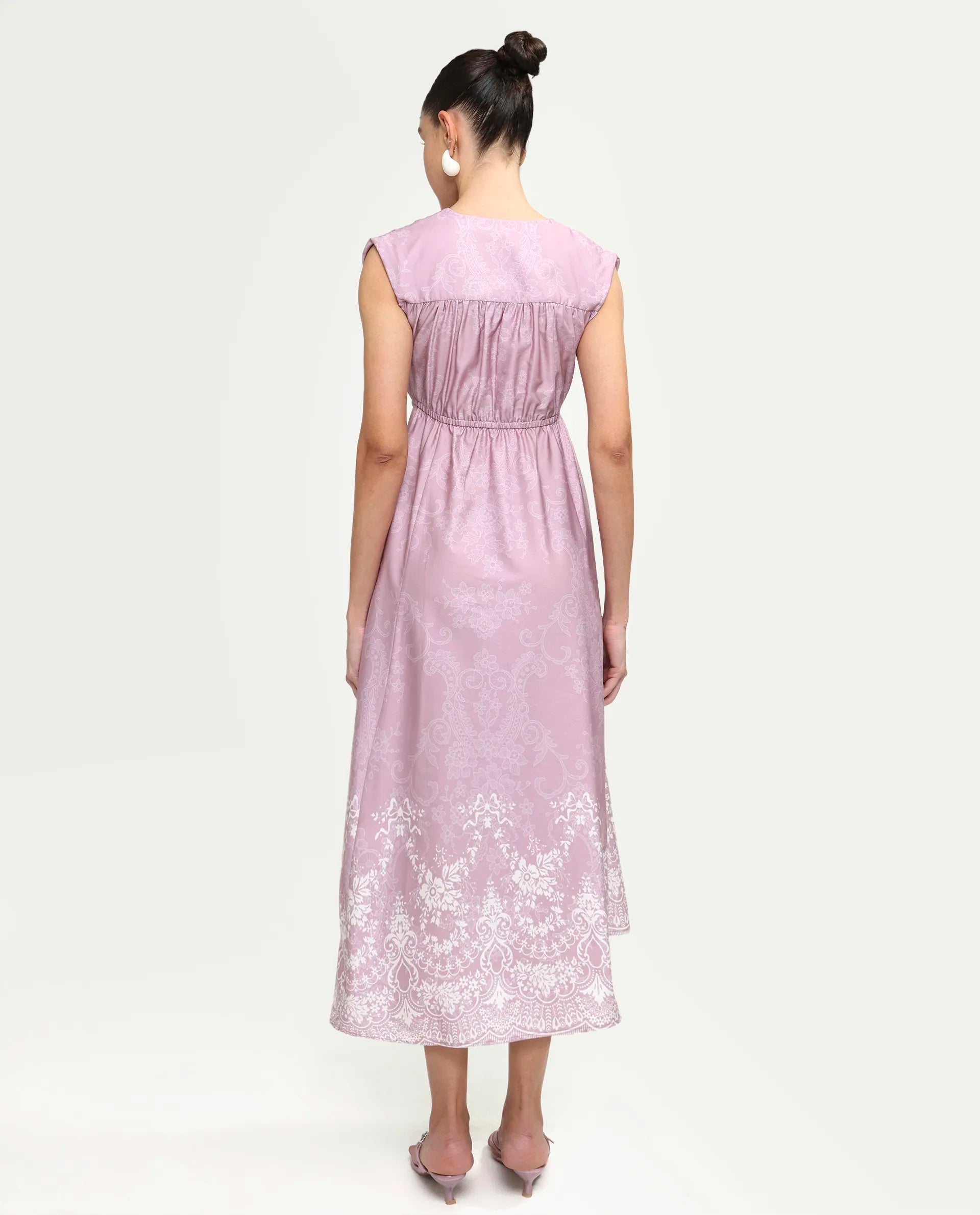 Rareism Women's Hync Pink Cotton Half Sleeve V-Neck Elastic Fit And Flare Ornamental Print Dress