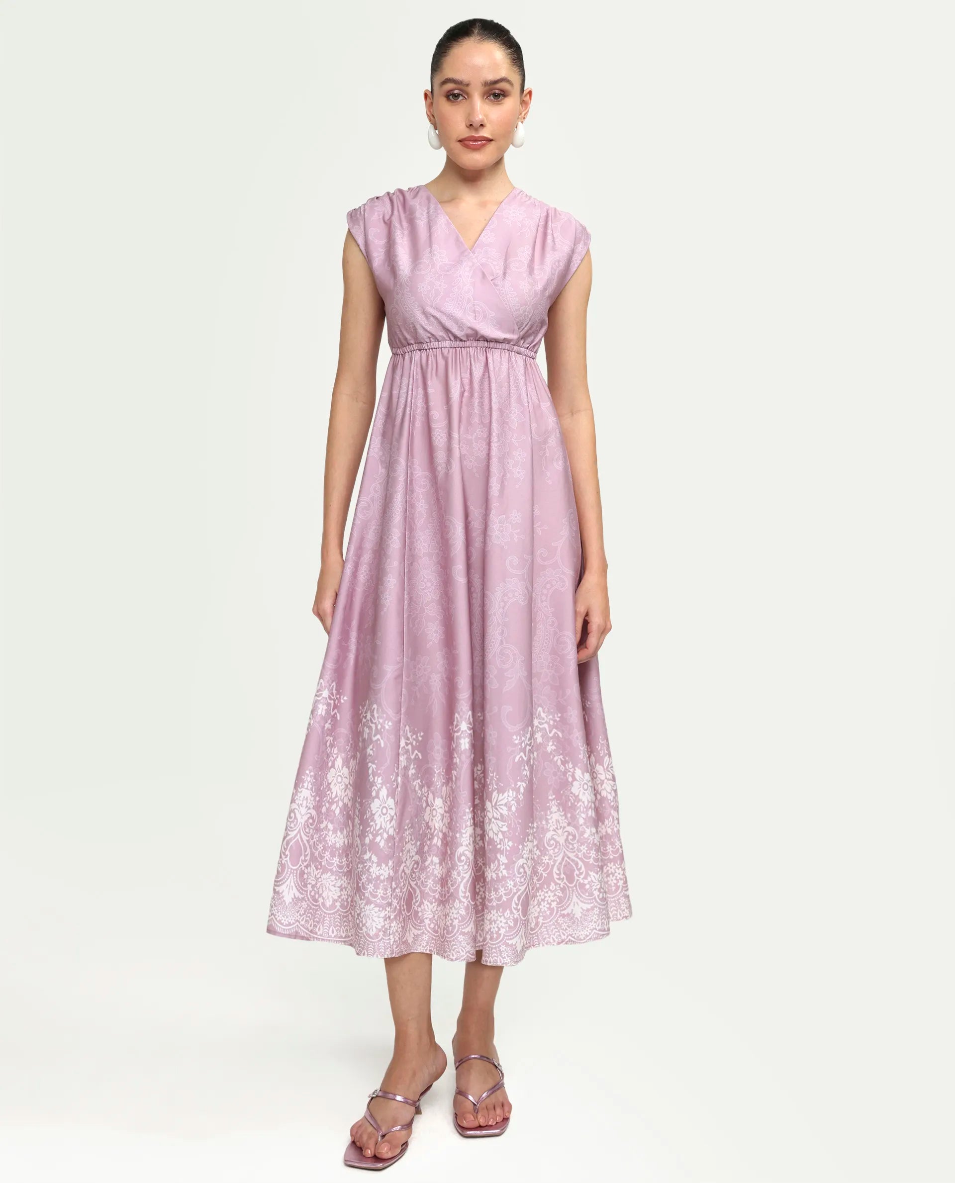 Rareism Women's Hync Pink Cotton Half Sleeve V-Neck Elastic Fit And Flare Ornamental Print Dress