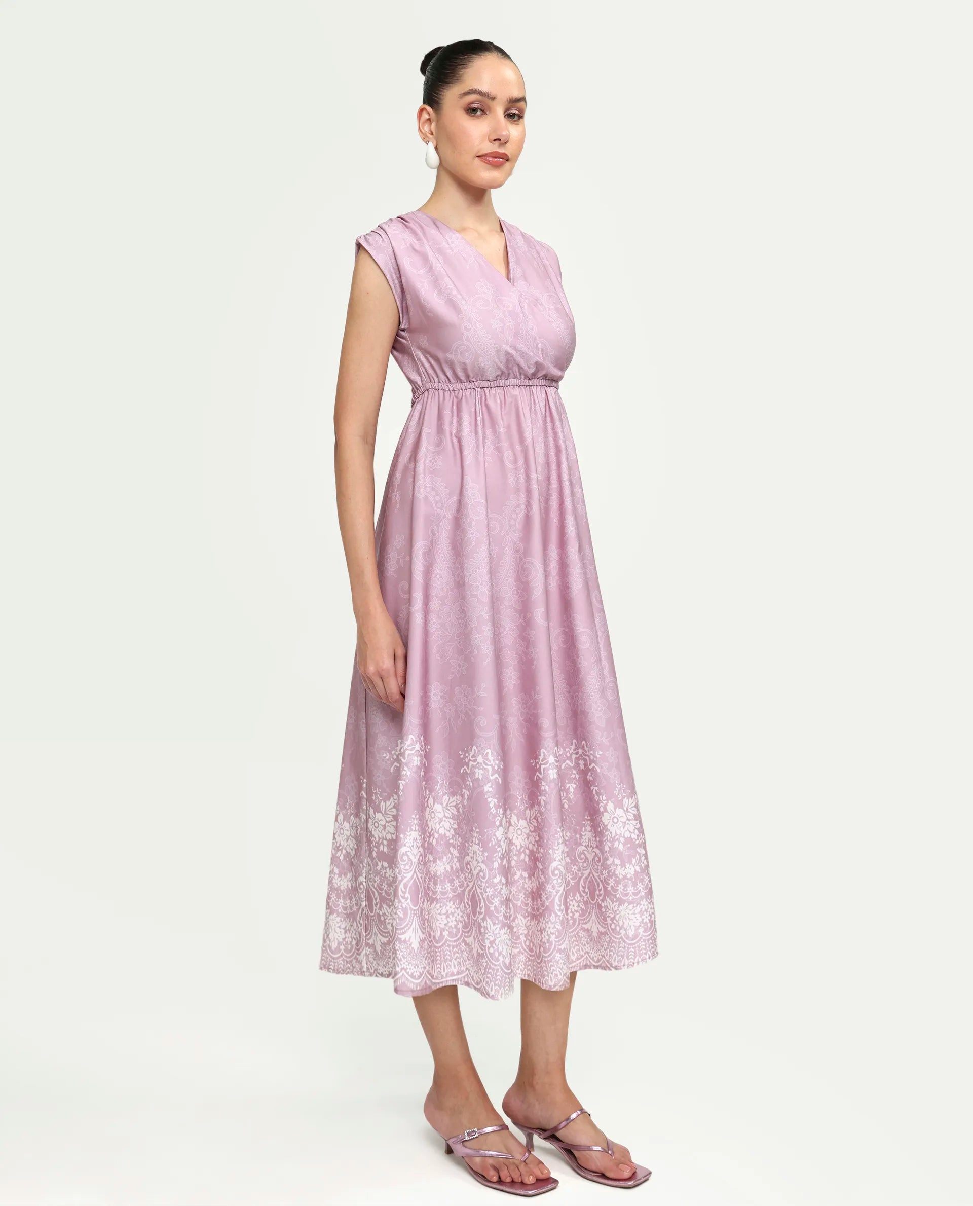 Rareism Women's Hync Pink Cotton Half Sleeve V-Neck Elastic Fit And Flare Ornamental Print Dress