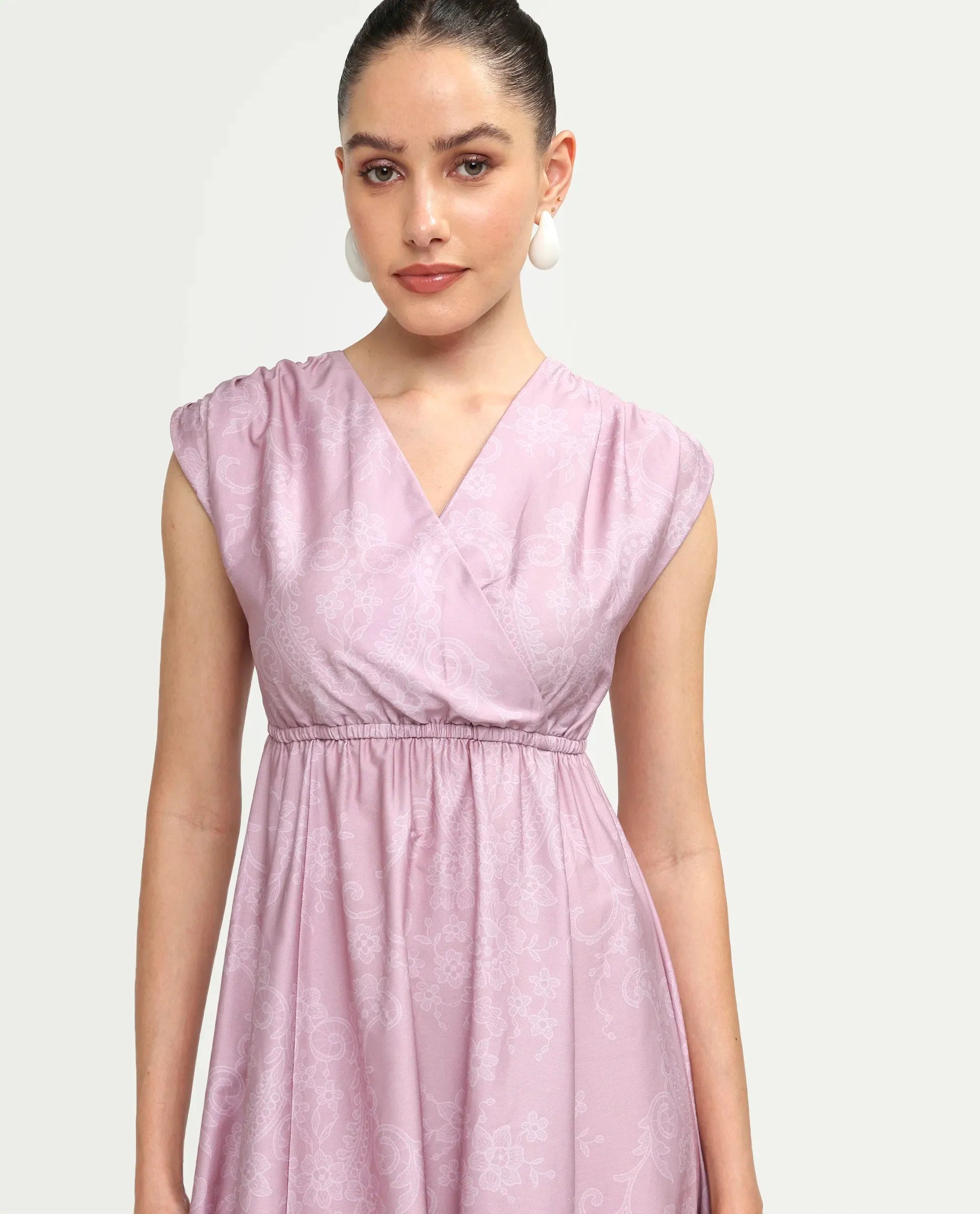 Rareism Women's Hync Pink Cotton Half Sleeve V-Neck Elastic Fit And Flare Ornamental Print Dress