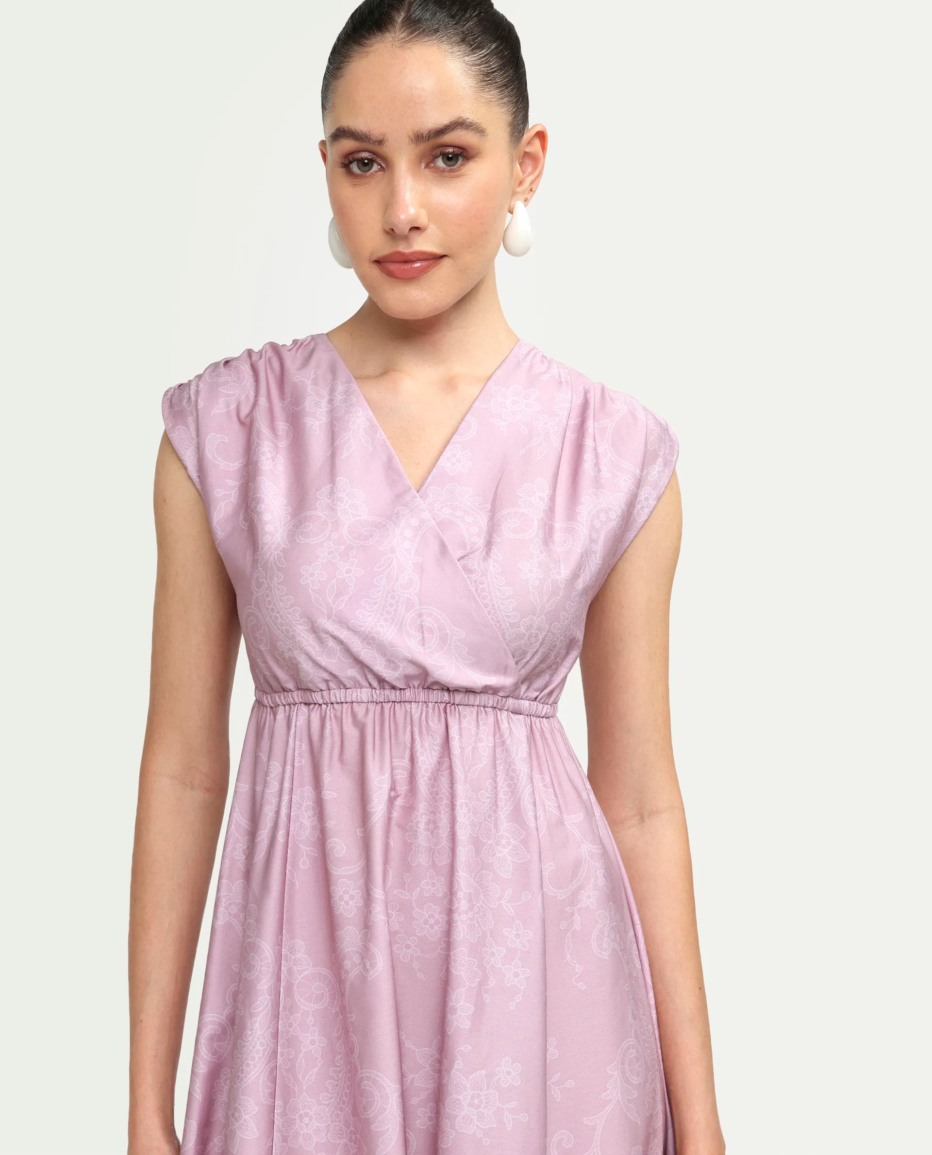 Rareism Women's Hync Pink Cotton Half Sleeve V-Neck Elastic Fit And Flare Ornamental Print Dress