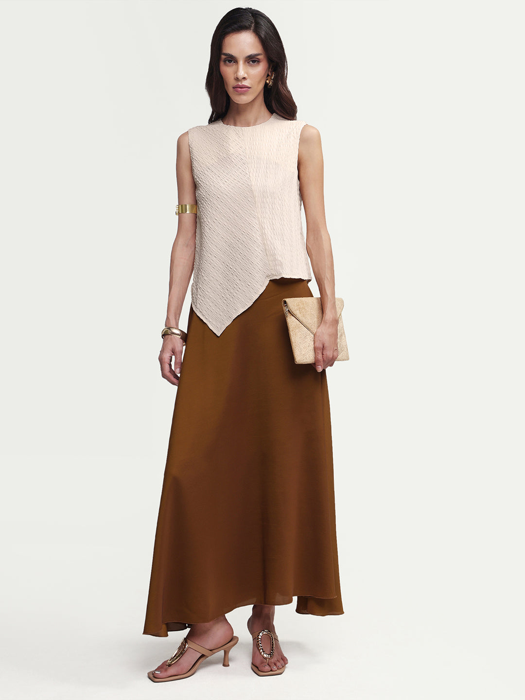 Rareism Women's Roulo-R Beige Polyester Sleeveless Crew Neck Button Relaxed Plain Top