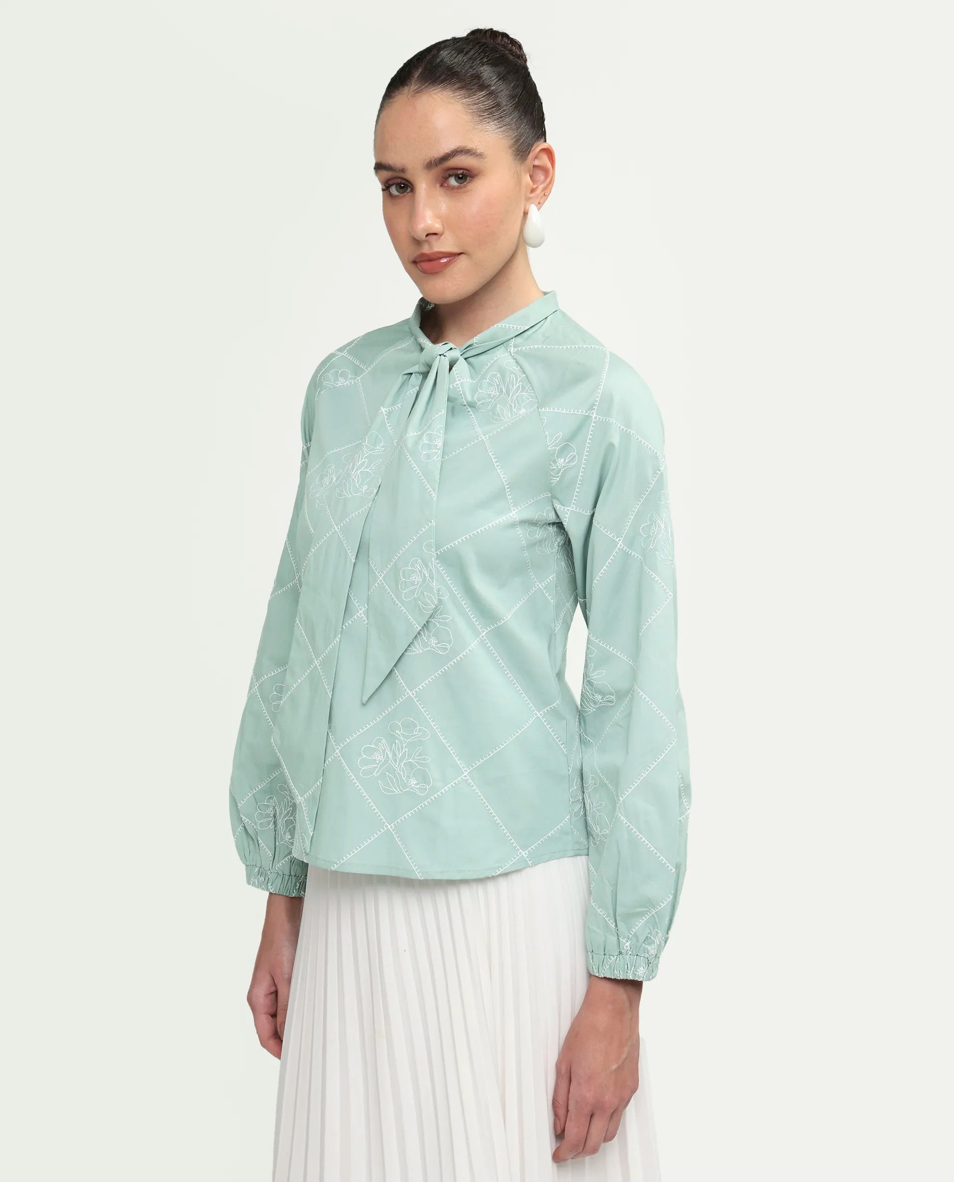 Rareism Women's Haxo Dusky Green Cotton Full Sleeve Tie-Up Relaxed Plain Top