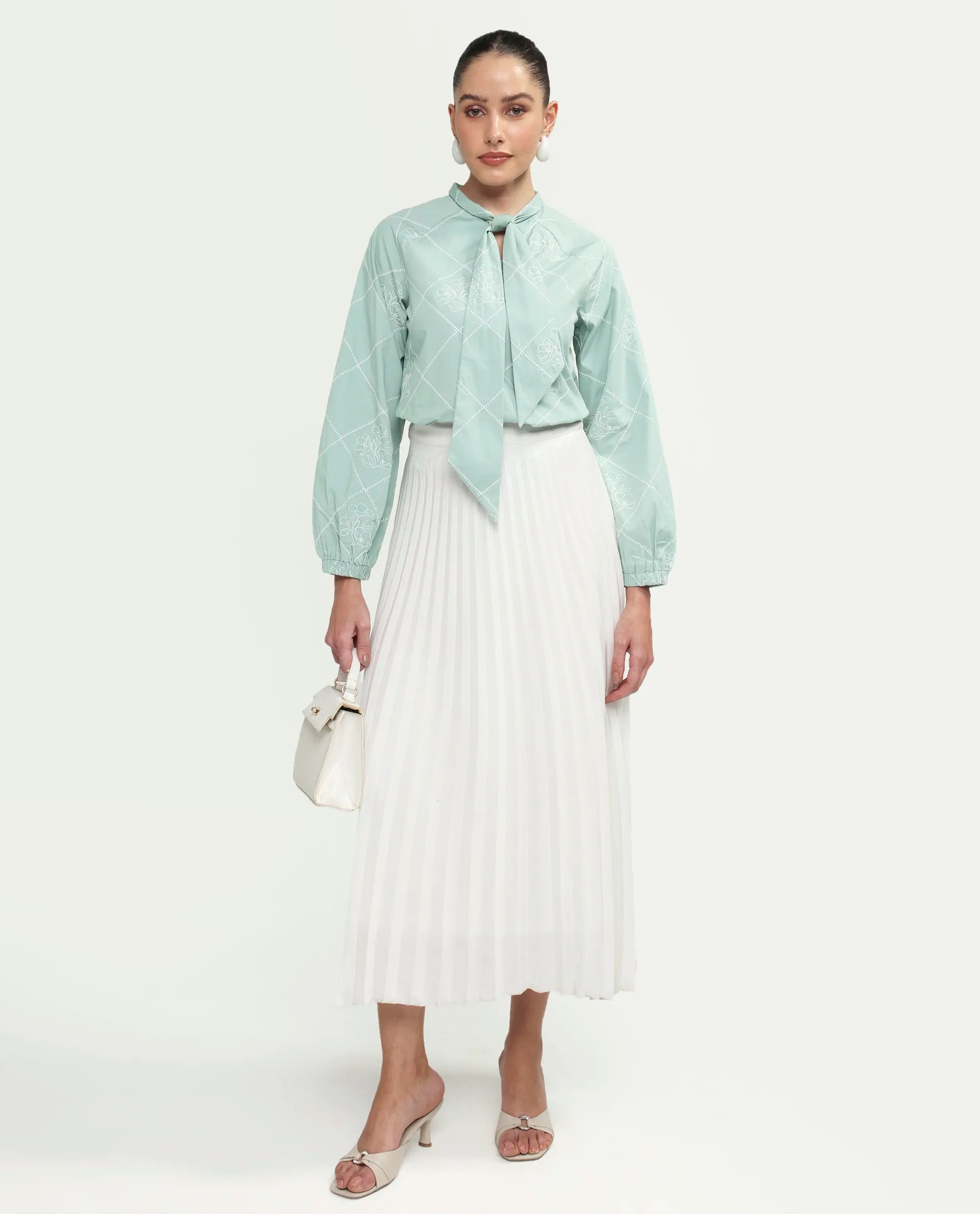 Rareism Women's Haxo Dusky Green Cotton Full Sleeve Tie-Up Relaxed Plain Top