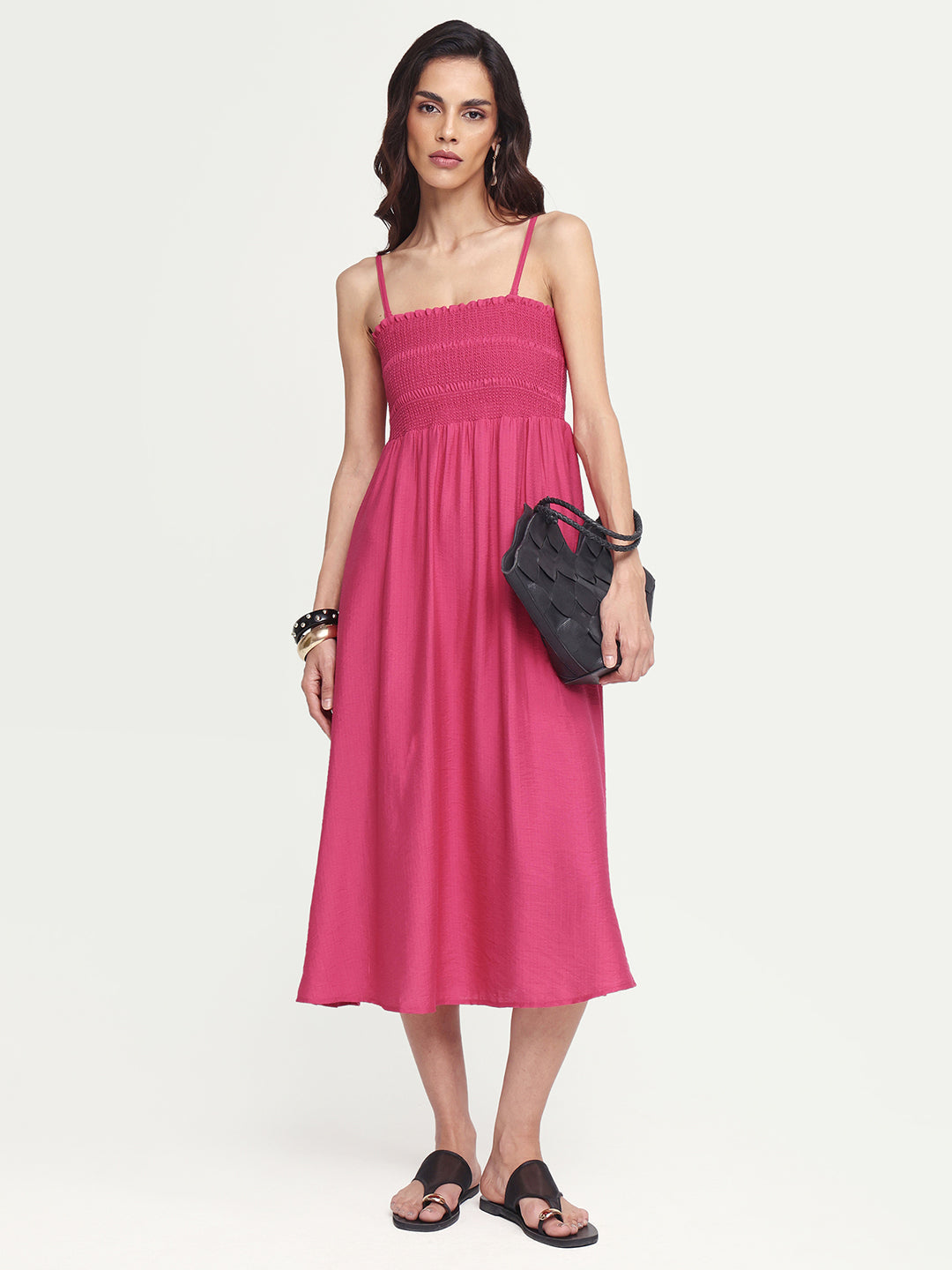Rareism Women's Addzozo Pink Viscose Blend Sleeveless Tube Neck Elastic Fit And Flare Plain Dress