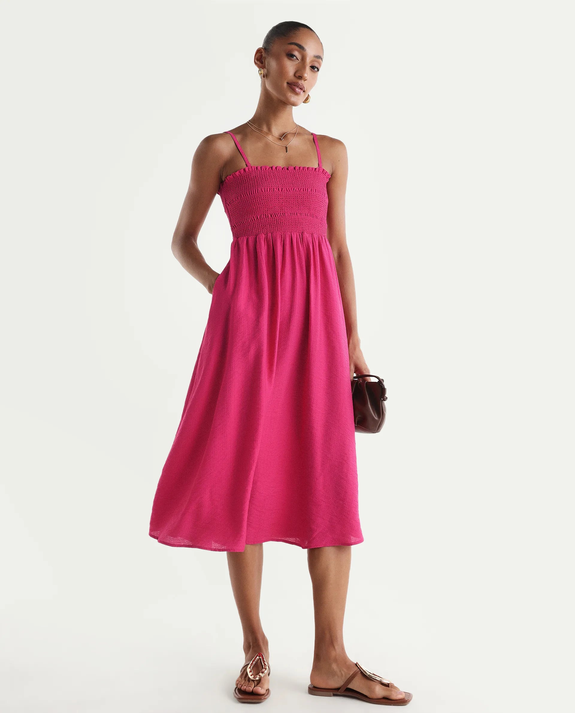Rareism Women's Addzozo Pink Viscose Blend Sleeveless Tube Neck Elastic Fit And Flare Plain Dress