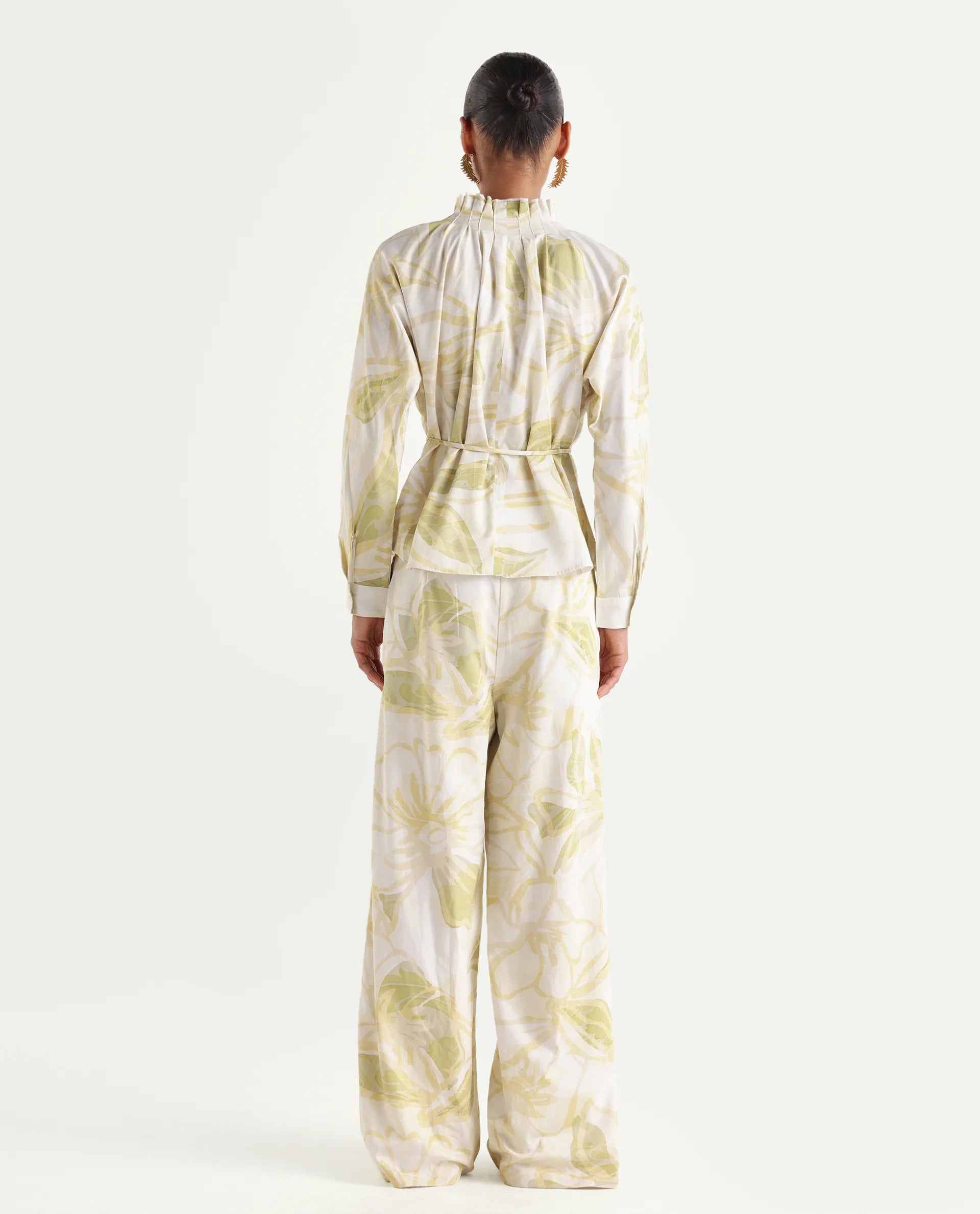 Rareism Women's Hyce-B Light Green Cotton Wide Leg Abstract Print Trouser