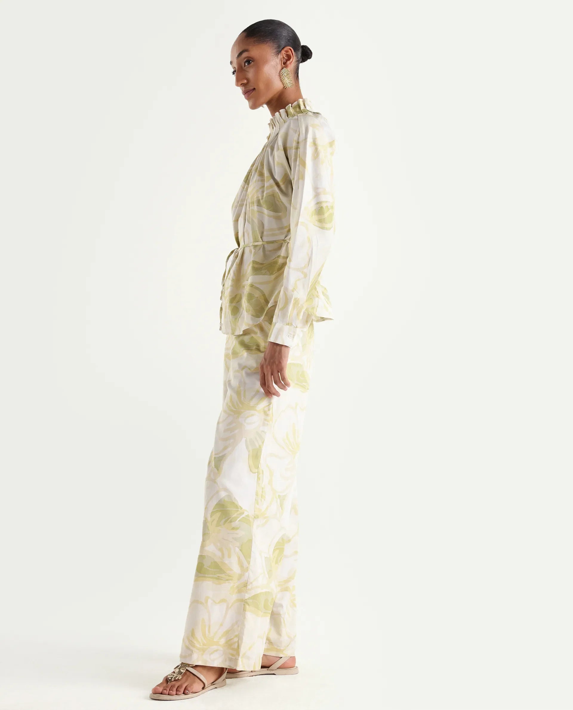 Rareism Women's Hyce-B Light Green Cotton Satin Wide Leg Abstract Print Trouser