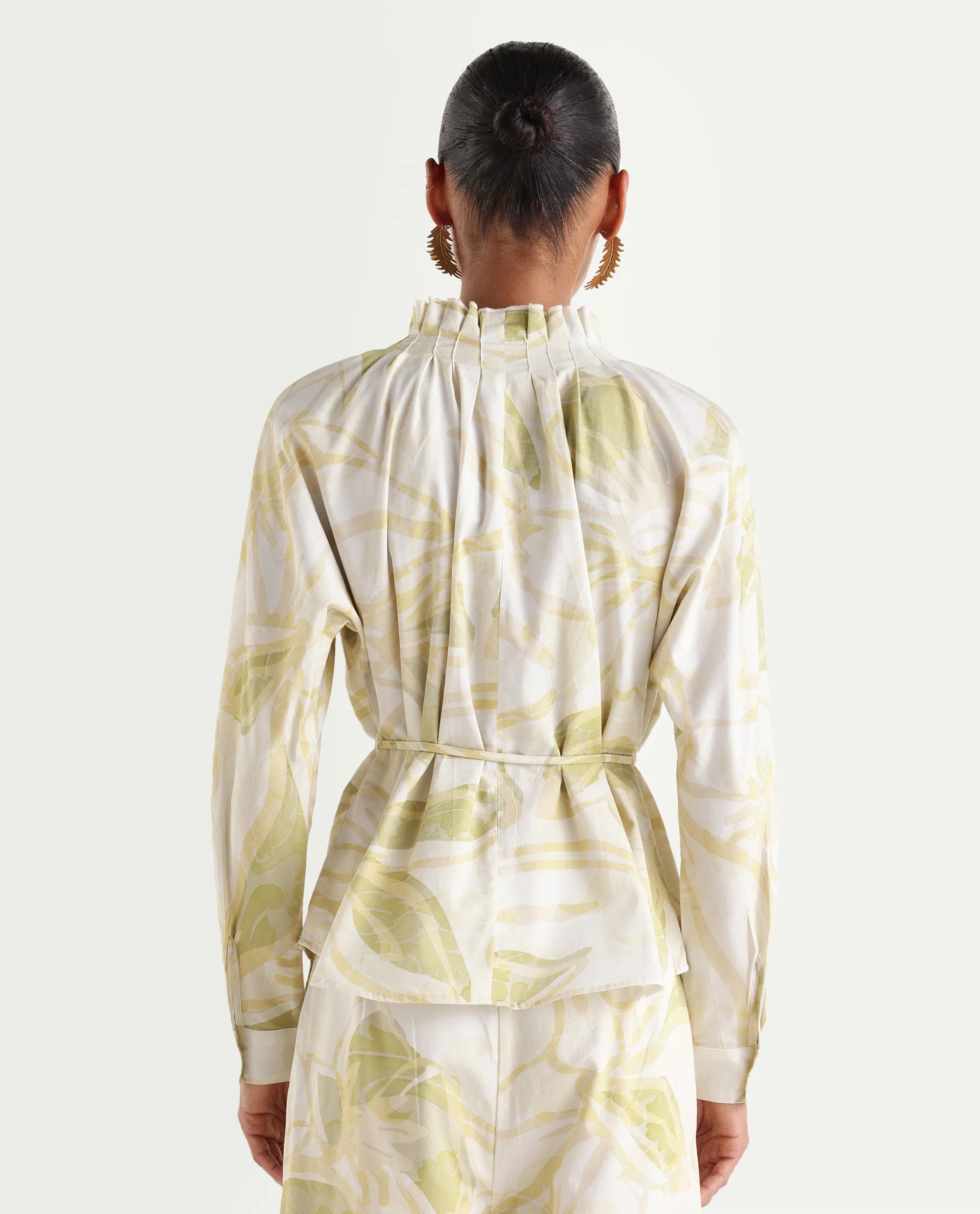 Rareism Women's Hyce-T Light Green Cotton Full Sleeve Pleated Neck Relaxed Fit Abstract Print Top