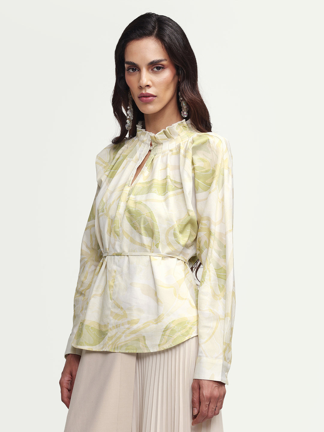 Rareism Women's Hyce-T Light Green Cotton Full Sleeve Pleated Neck Relaxed Fit Abstract Print Top