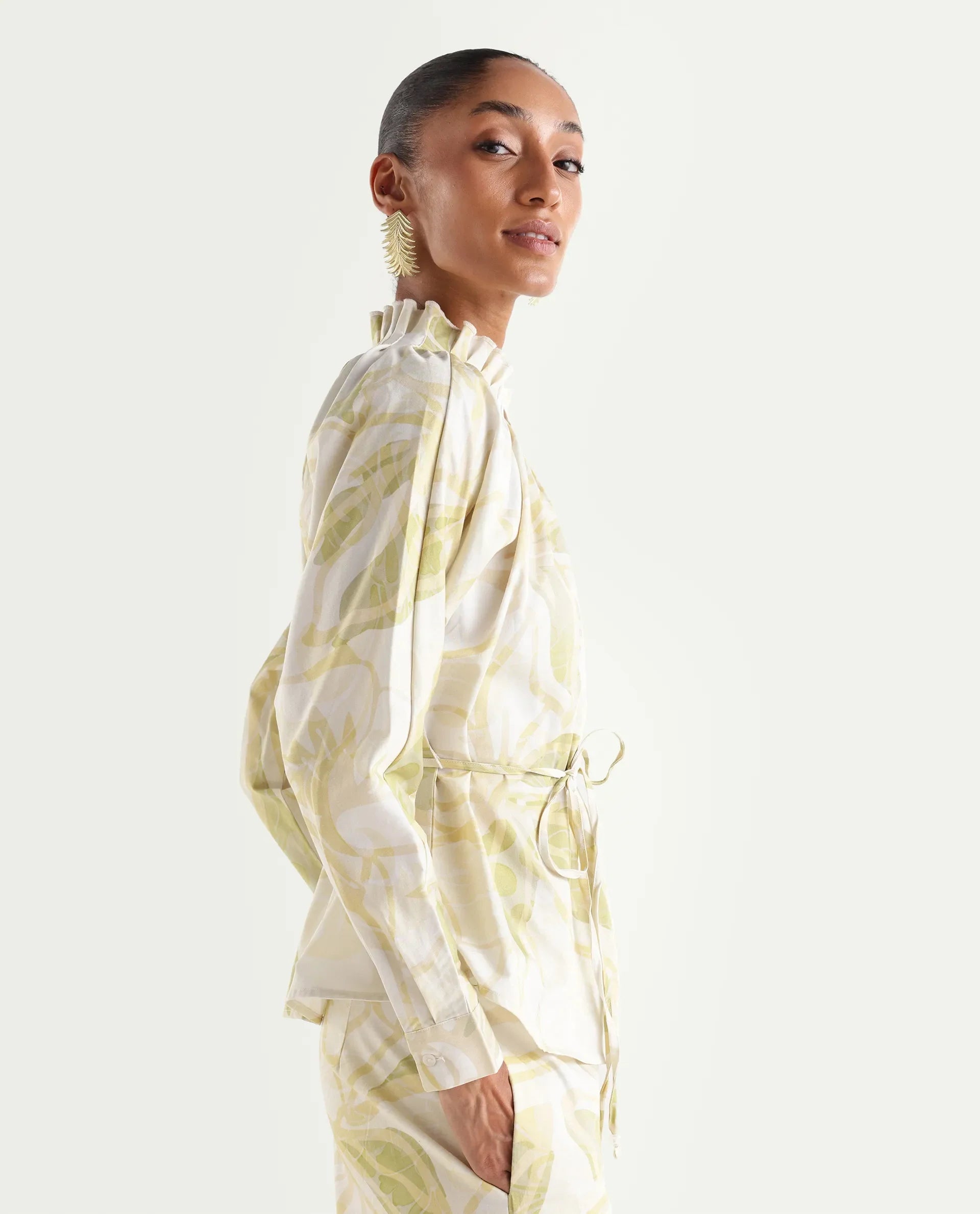 Rareism Women's Hyce-T Light Green Cotton Full Sleeve Pleated Neck Relaxed Fit Abstract Print Top