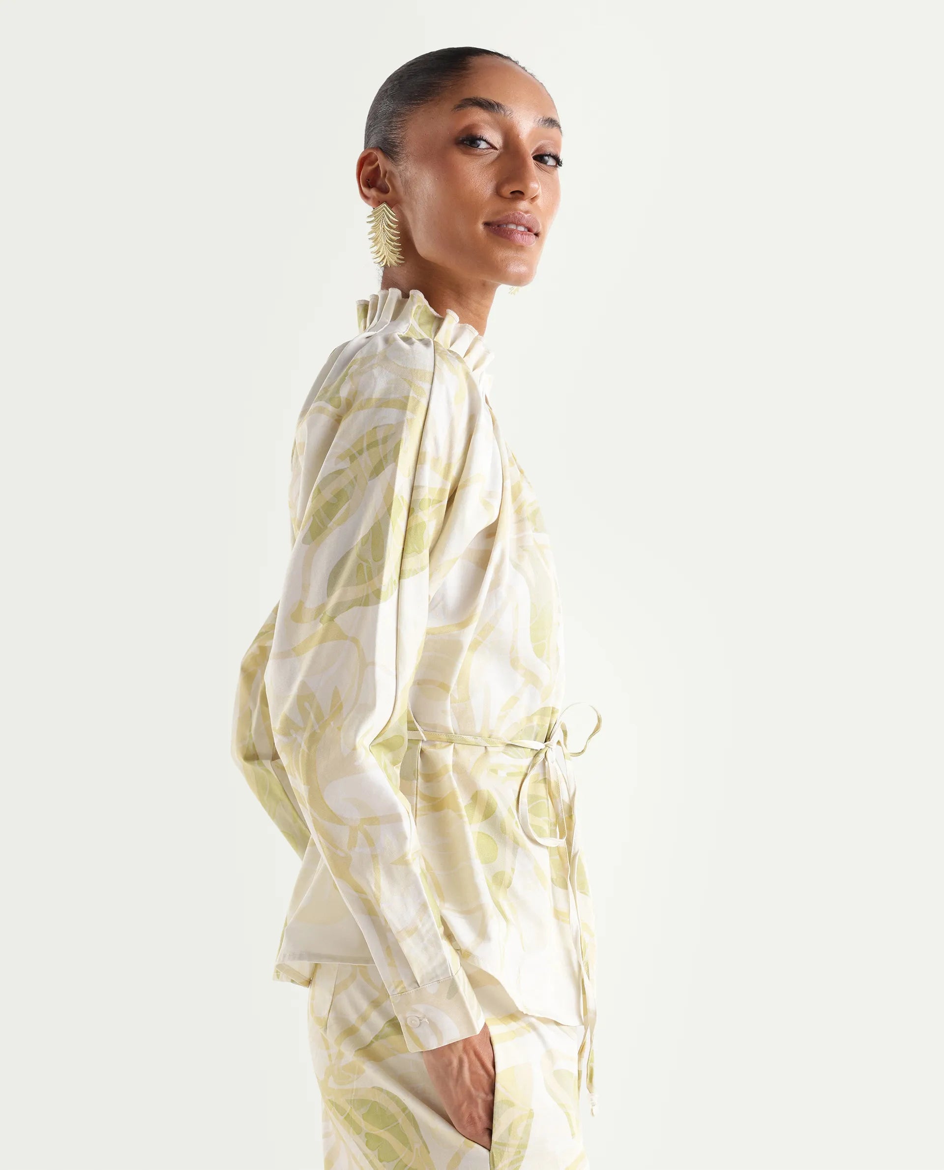 Rareism Women's Hyce-T Light Green Cotton Full Sleeve Pleated Neck Relaxed Fit Abstract Print Top