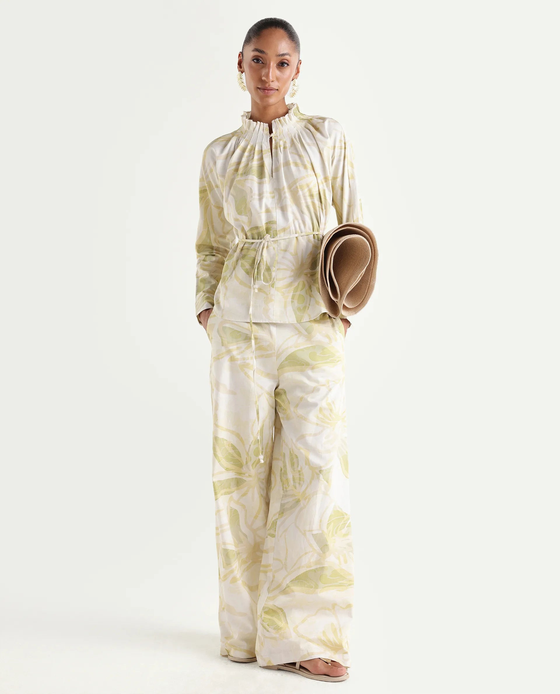 Rareism Women's Hyce-T Light Green Cotton Full Sleeve Pleated Neck Relaxed Fit Abstract Print Top