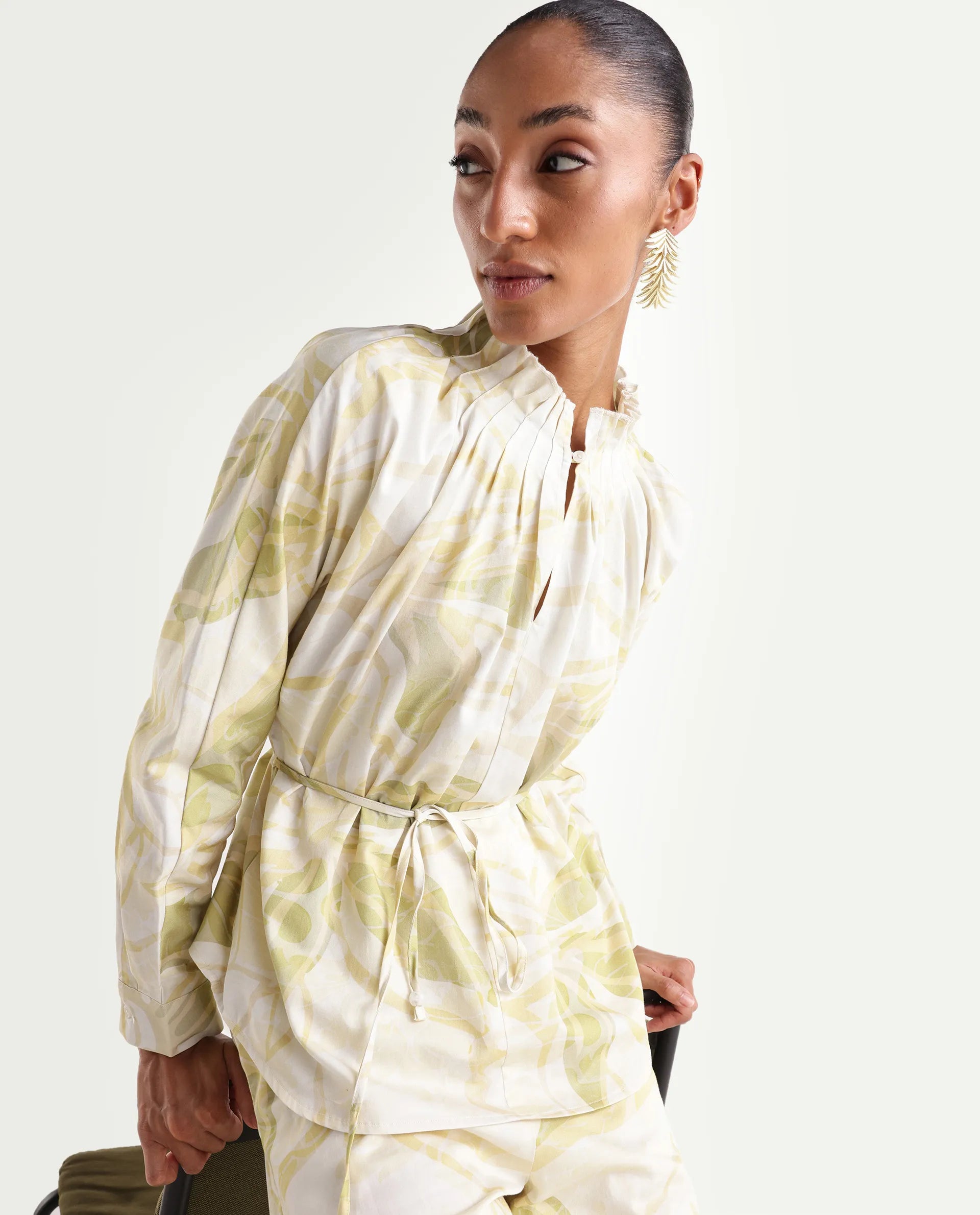 Rareism Women's Hyce-T Light Green Cotton Full Sleeve Pleated Neck Relaxed Fit Abstract Print Top