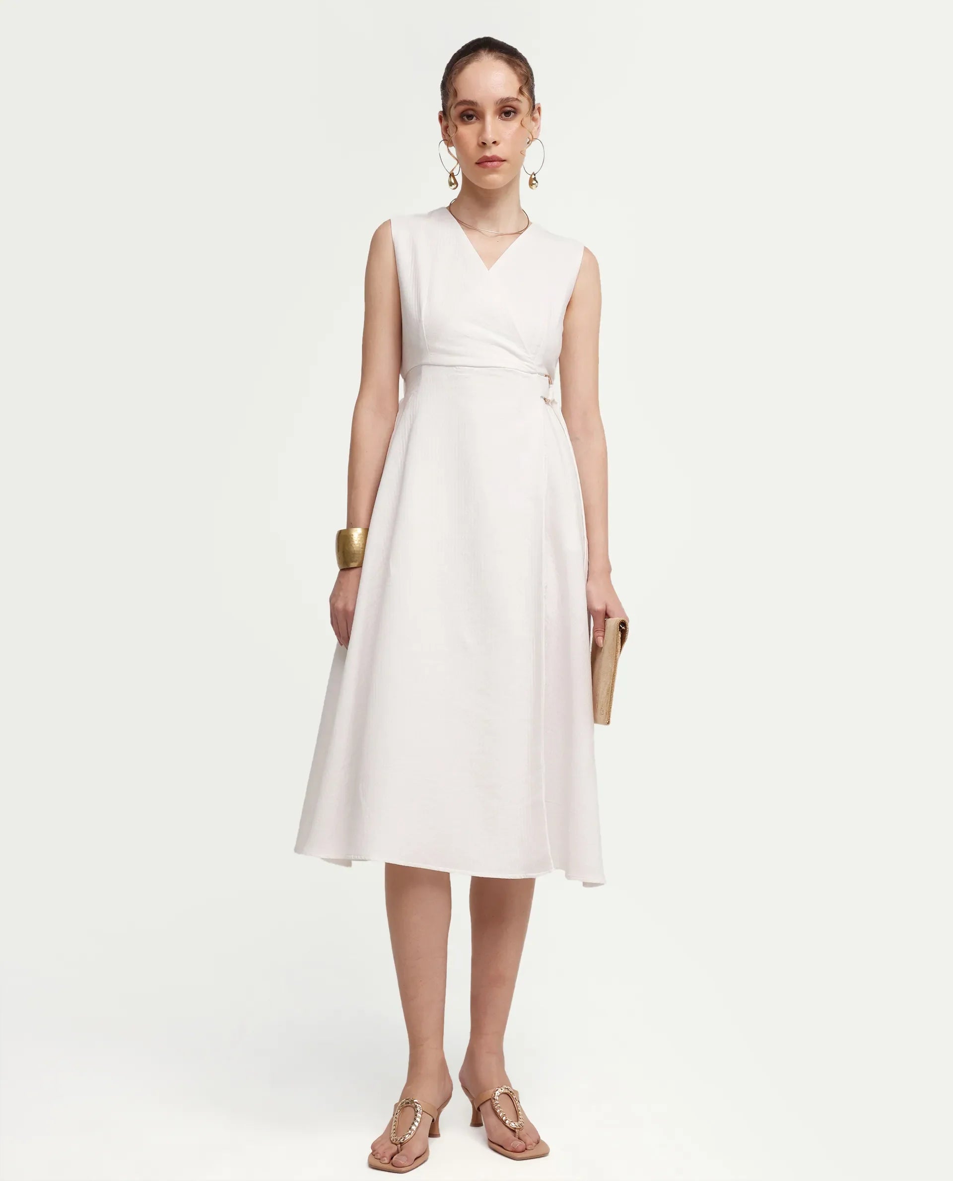 Rareism Women's Rulet Primary Beige Cotton Sleeveless V-Neck A-Line Plain Dress