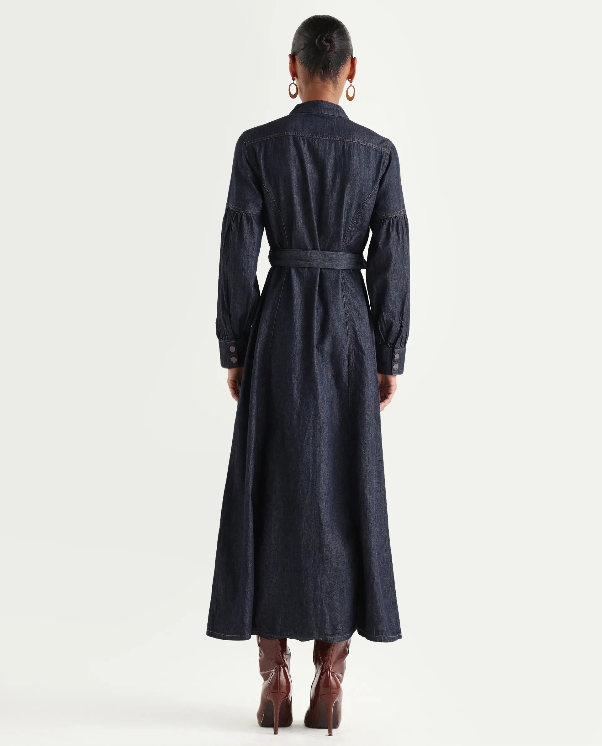Rareism Women's Denzia Dark Blue Cotton Full Sleeve Spread Collar Regular Fit Plain Dress