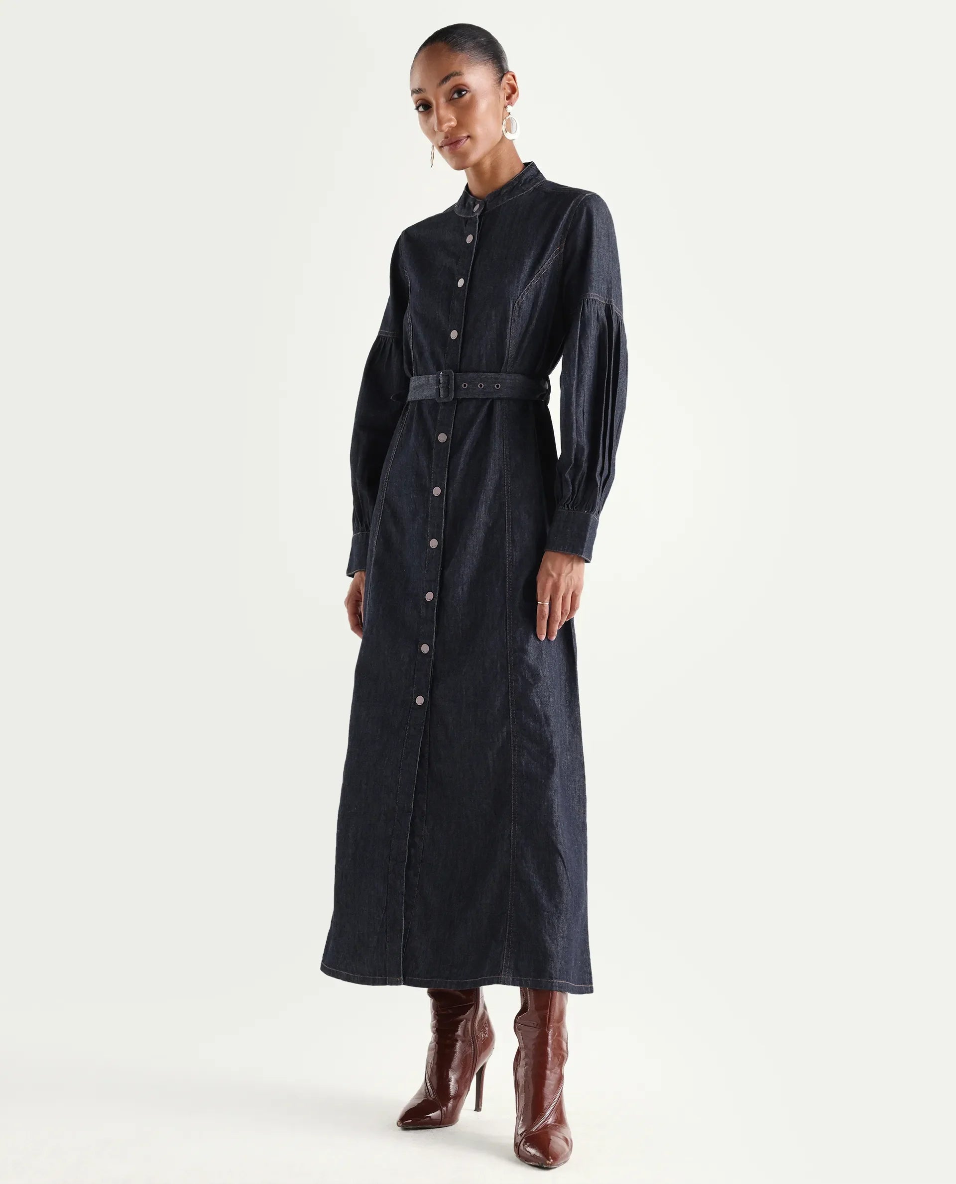 Rareism Women's Denzia Dark Blue Cotton Full Sleeve Spread Collar Regular Fit Plain Dress