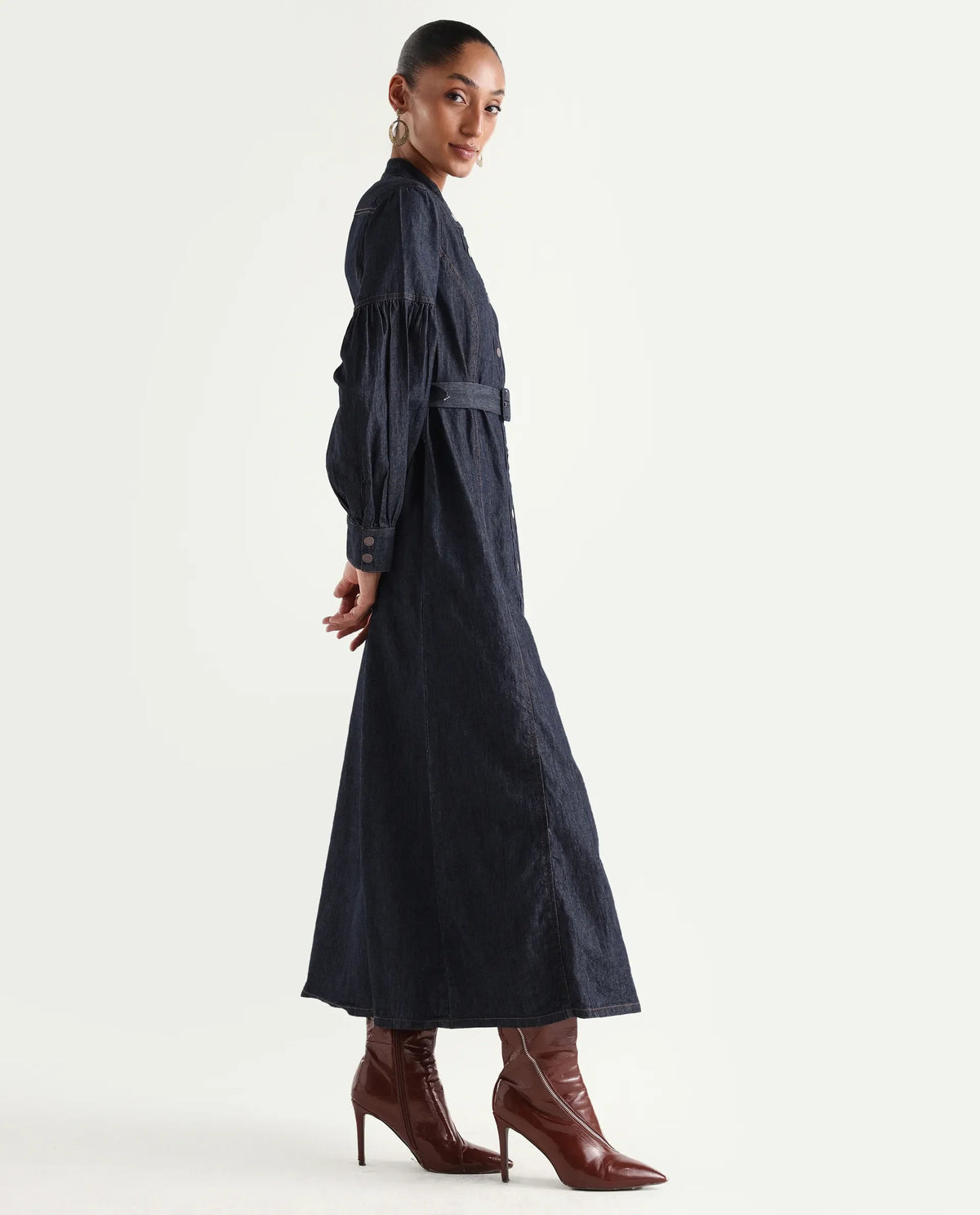 Rareism Women's Denzia Dark Blue Cotton Full Sleeve Spread Collar Regular Fit Plain Dress