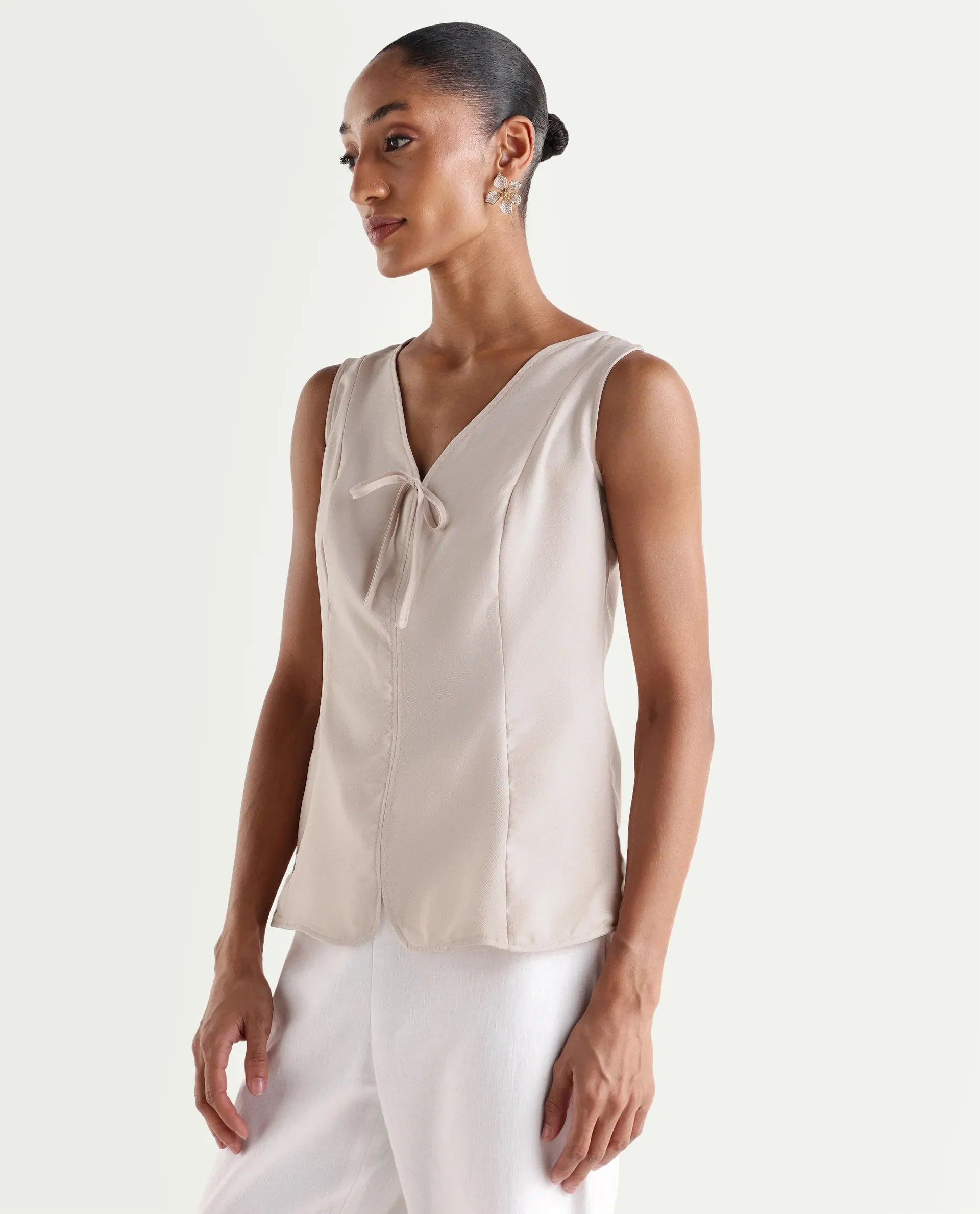 Rareism Women's Valton Primary Beige Polyester Sleeveless V-Neck Regular Fit Top