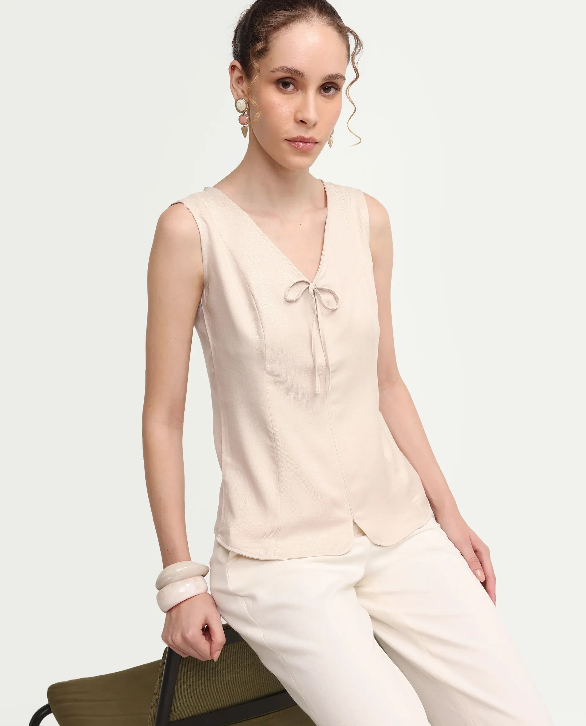 Rareism Women's Valton Primary Beige Polyester Sleeveless V-Neck Regular Fit Top