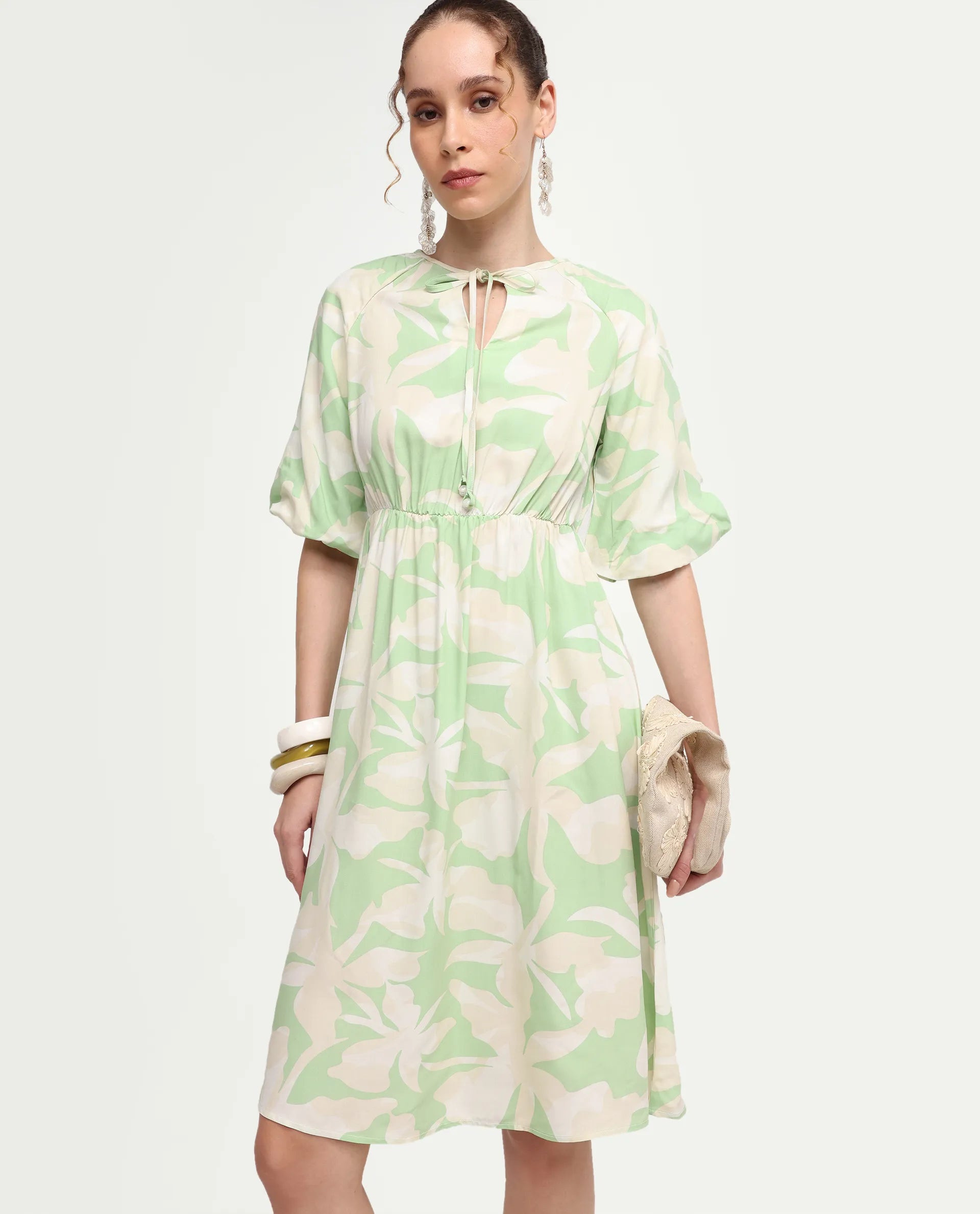 Rareism Women's Vemox Light Green Viscose Half Sleeve Tie-Up Neck Fit And Flare Abstract Print Dress