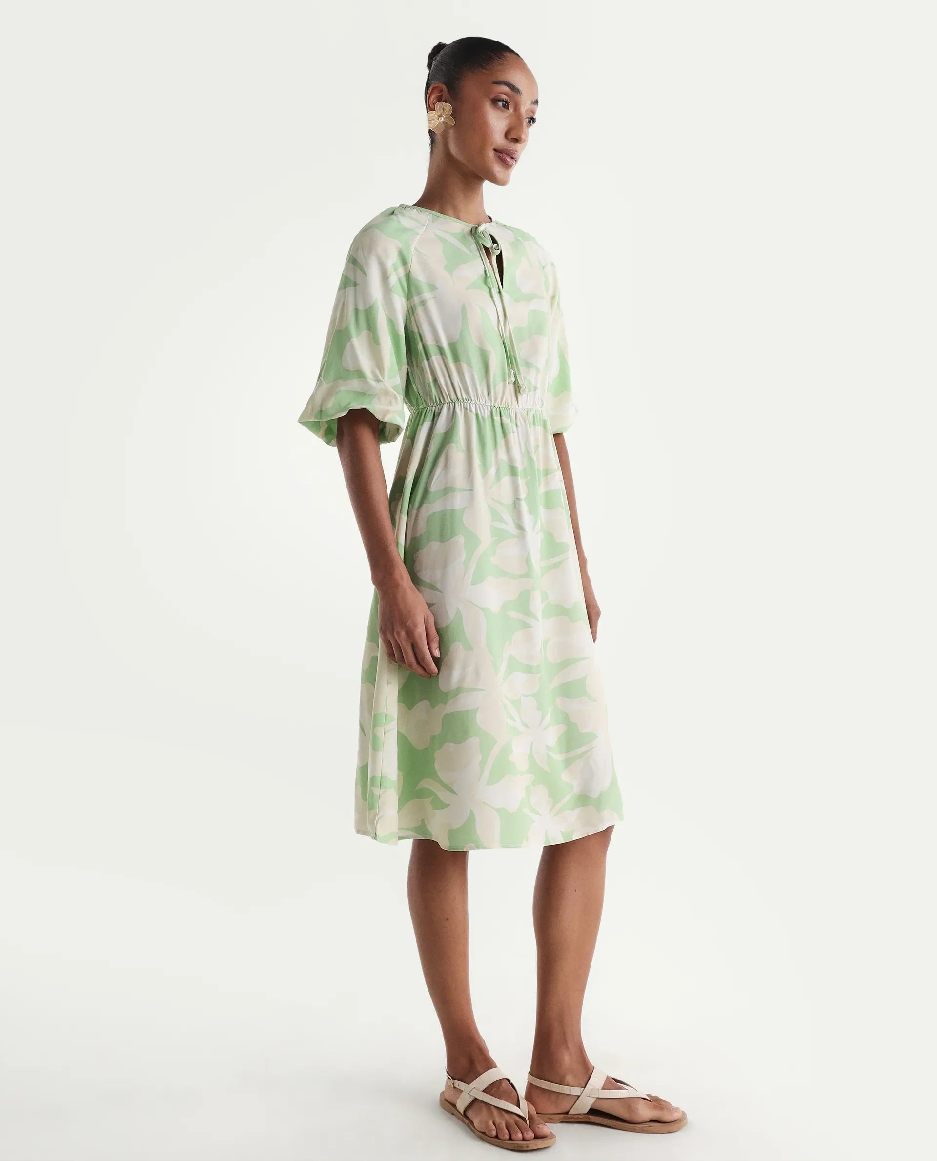 Rareism Women's Vemox Light Green Viscose Half Sleeve Tie-Up Neck Fit And Flare Abstract Print Dress